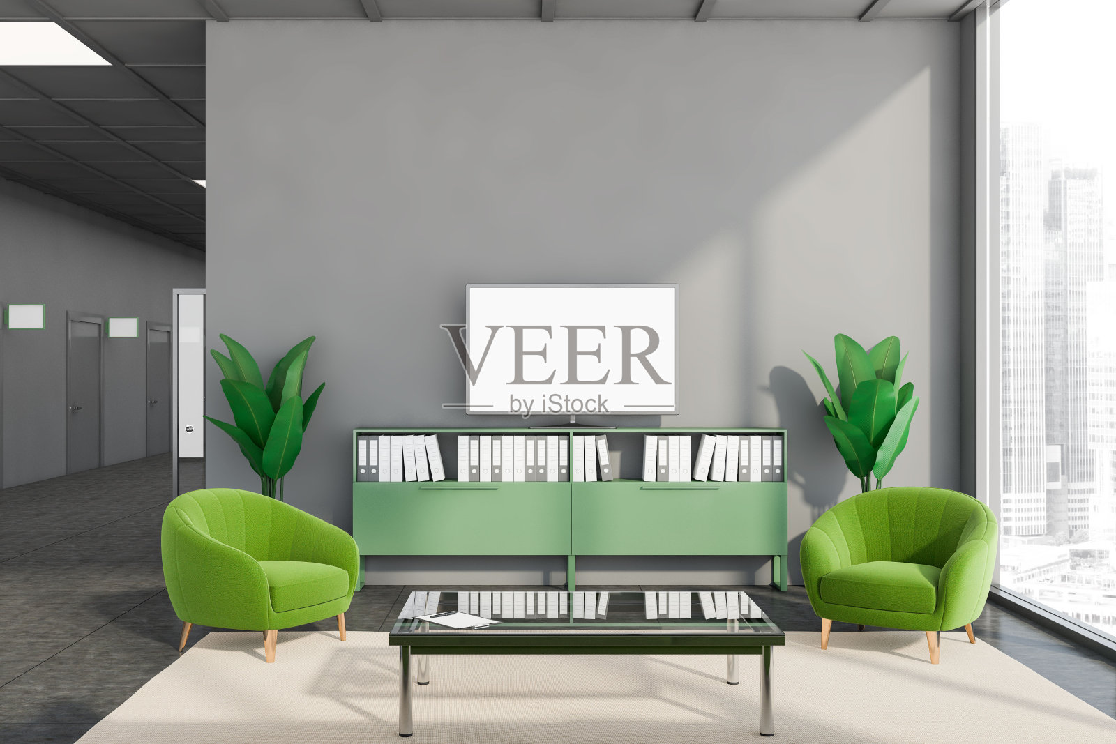 灰色和绿色的办公室和电视等候室照片摄影图片
