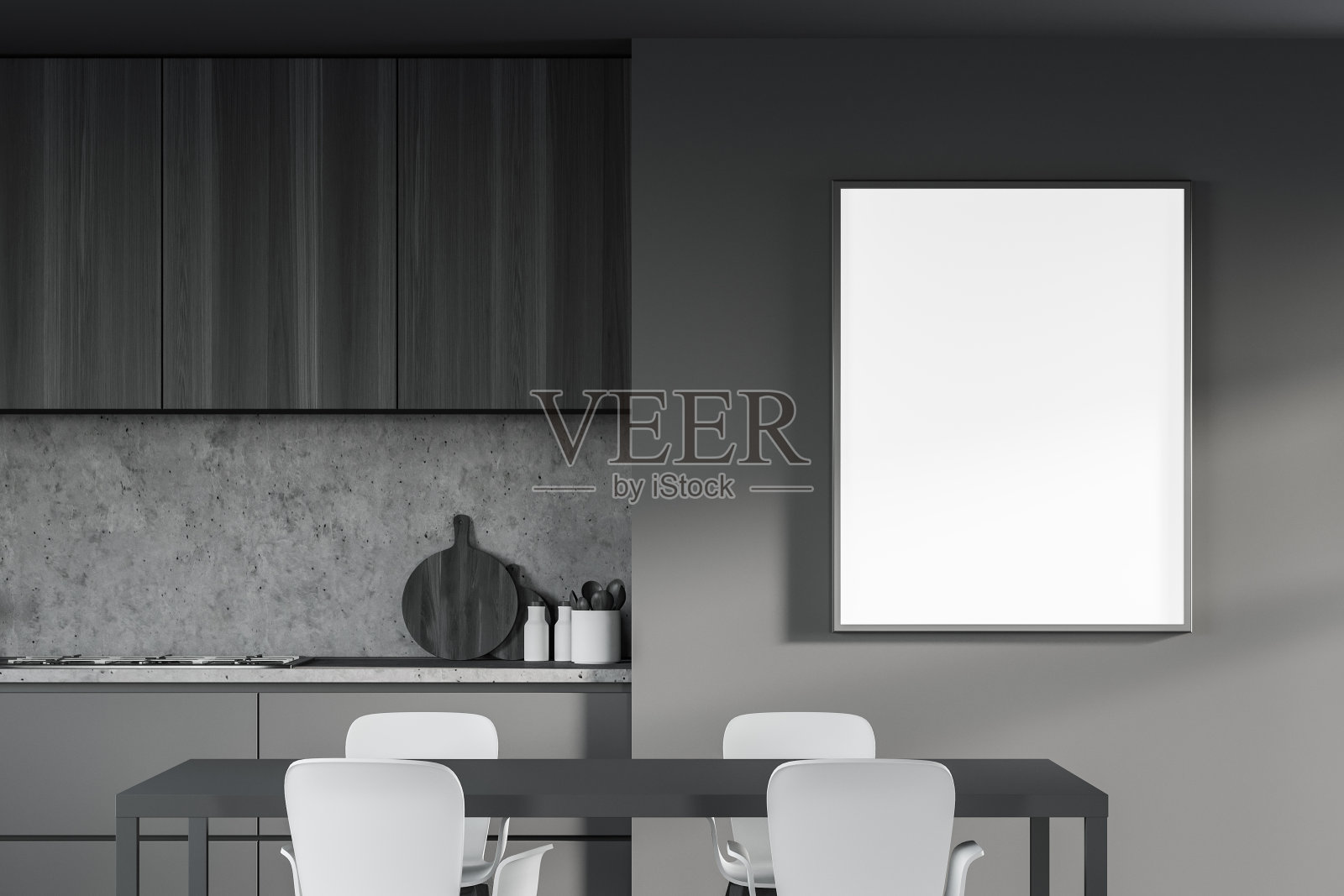 灰色的厨房内部配有桌子和海报照片摄影图片