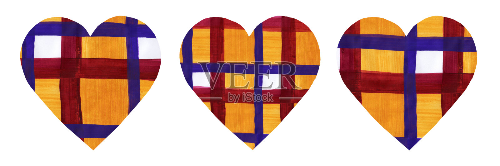 三套手绘五彩心形，爱与关怀的象征，情人卡，加油。花格，格子，蓝色波浪，柔和的酒红色。插画图片素材