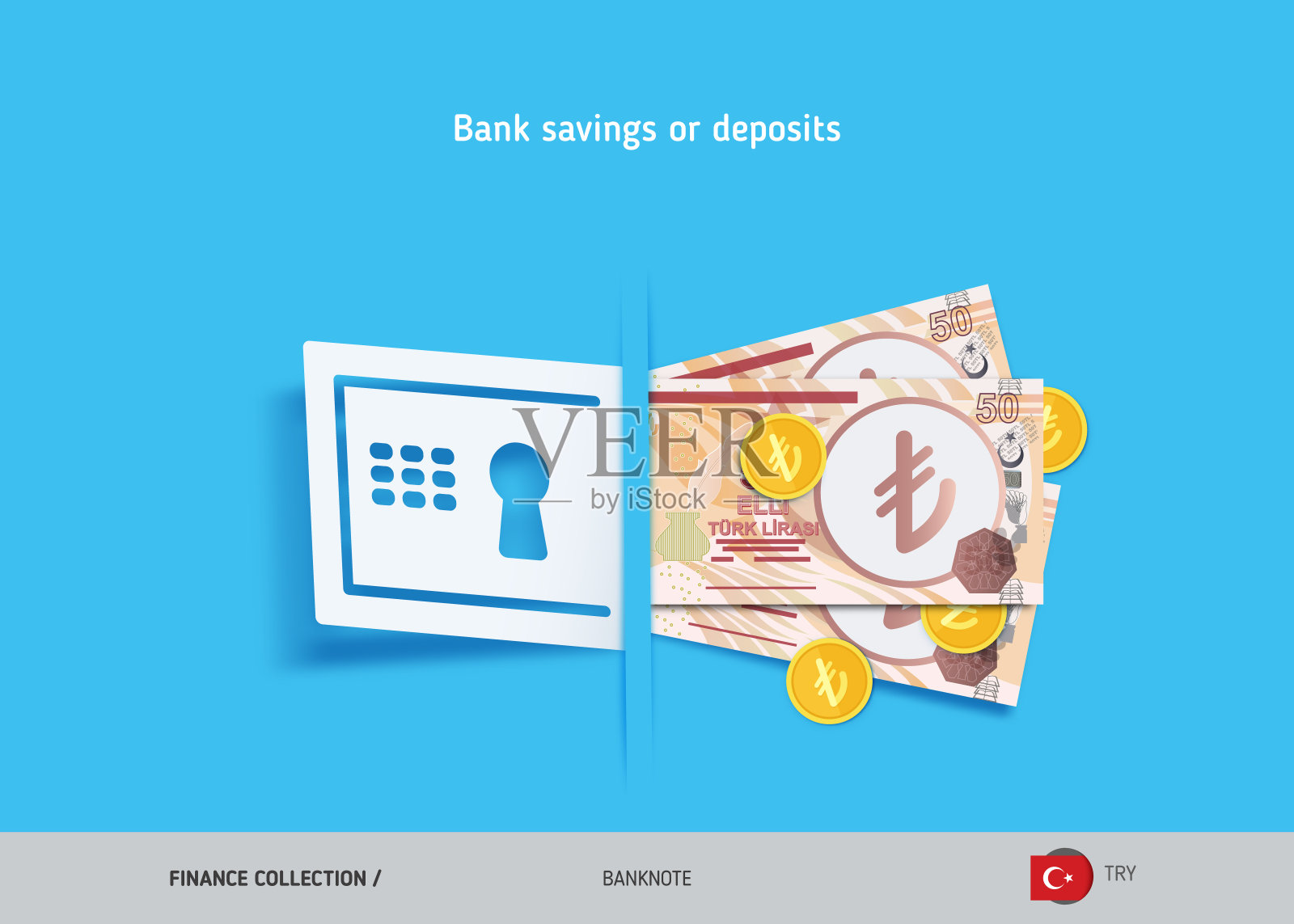 银行贷款。土耳其里拉纸币和金币50枚。平面风格矢量插图。插画图片素材