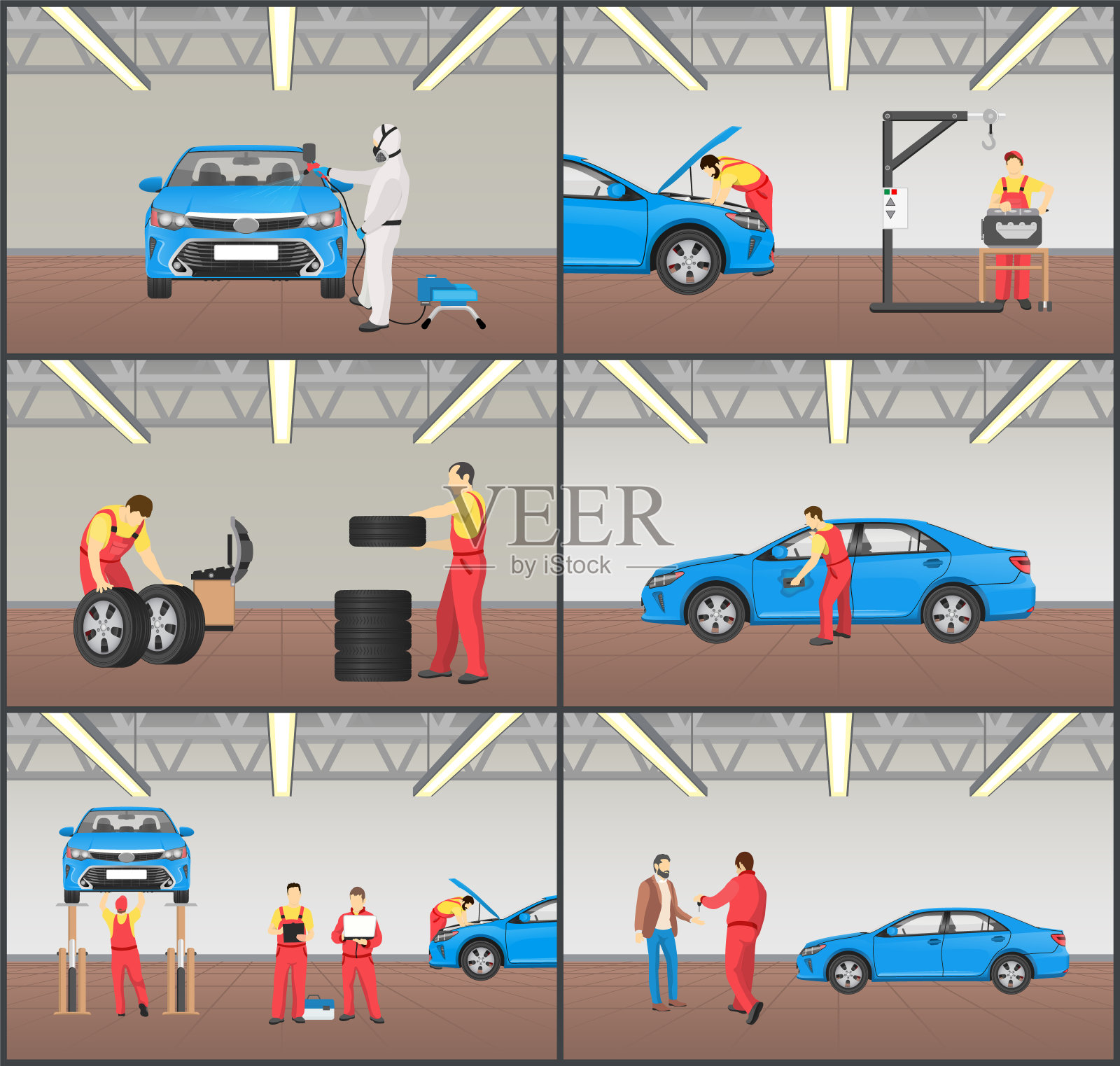 所有服务在一个汽车车间色卡插画图片素材