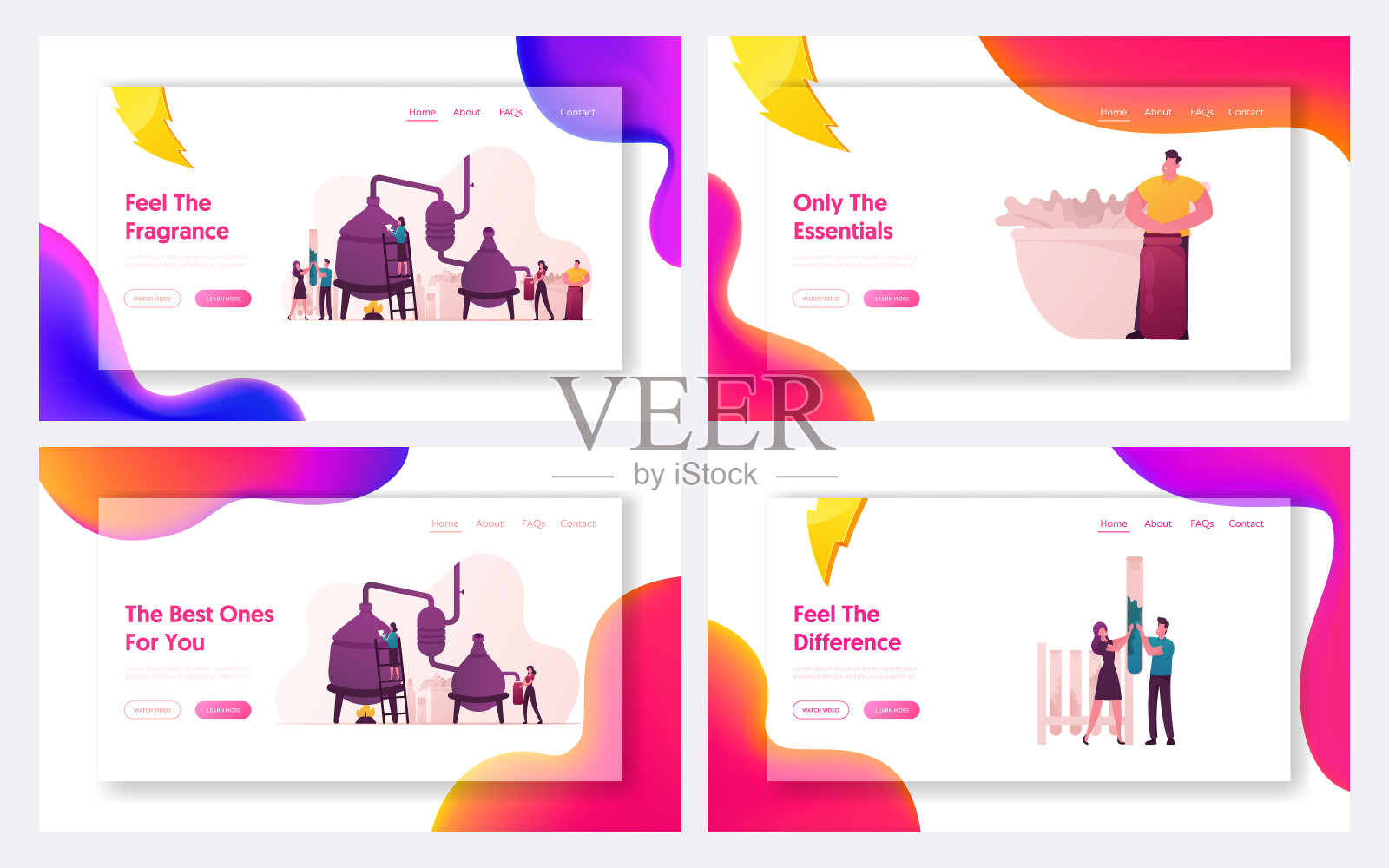 化妆品香水生产登陆页面模板集。在实验室精油提取装置中，微小的字符创造了新的配方蒸馏液。卡通人物矢量插图插画图片素材