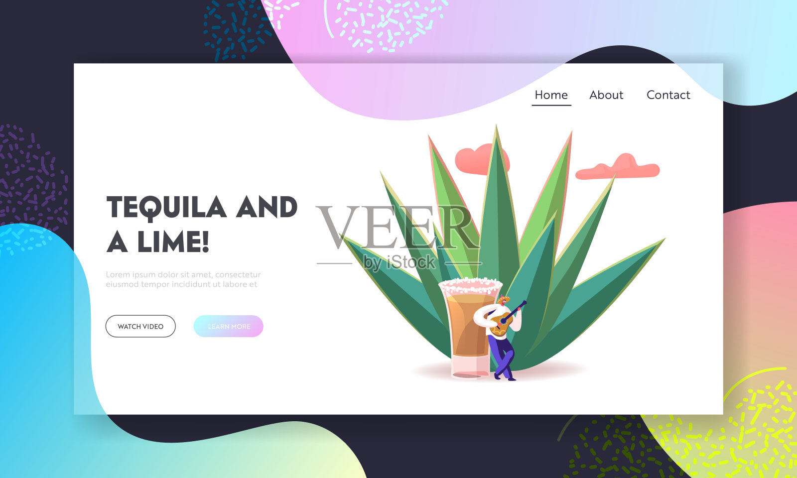 墨西哥文化旅游，拉丁地标登陆页面模板。五月五日节，戴着宽边帽在巨大的蓝色龙舌兰酒吧弹吉他。卡通矢量图插画图片素材