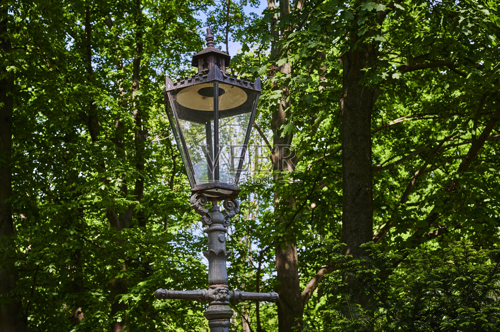 柏林公园里的一盏历史悠久的街灯。照片摄影图片