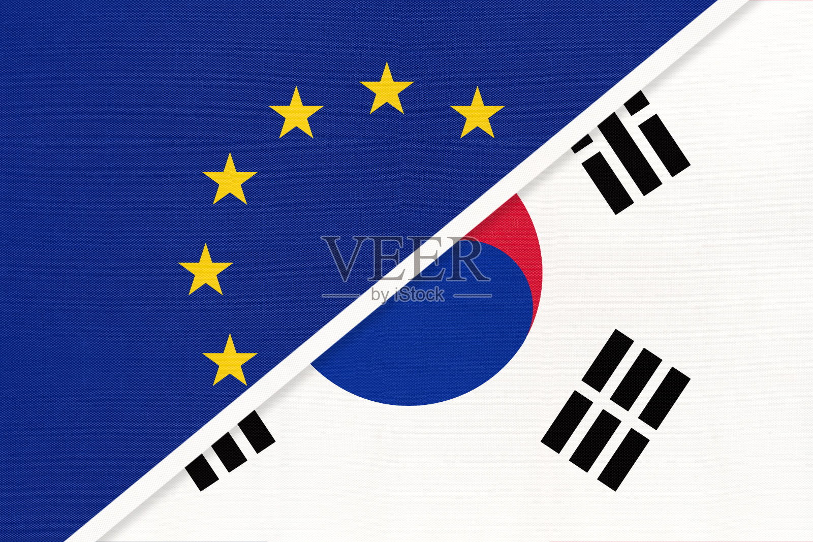 欧盟或欧盟与韩国国旗纺织品。象征欧洲委员会协会。插画图片素材