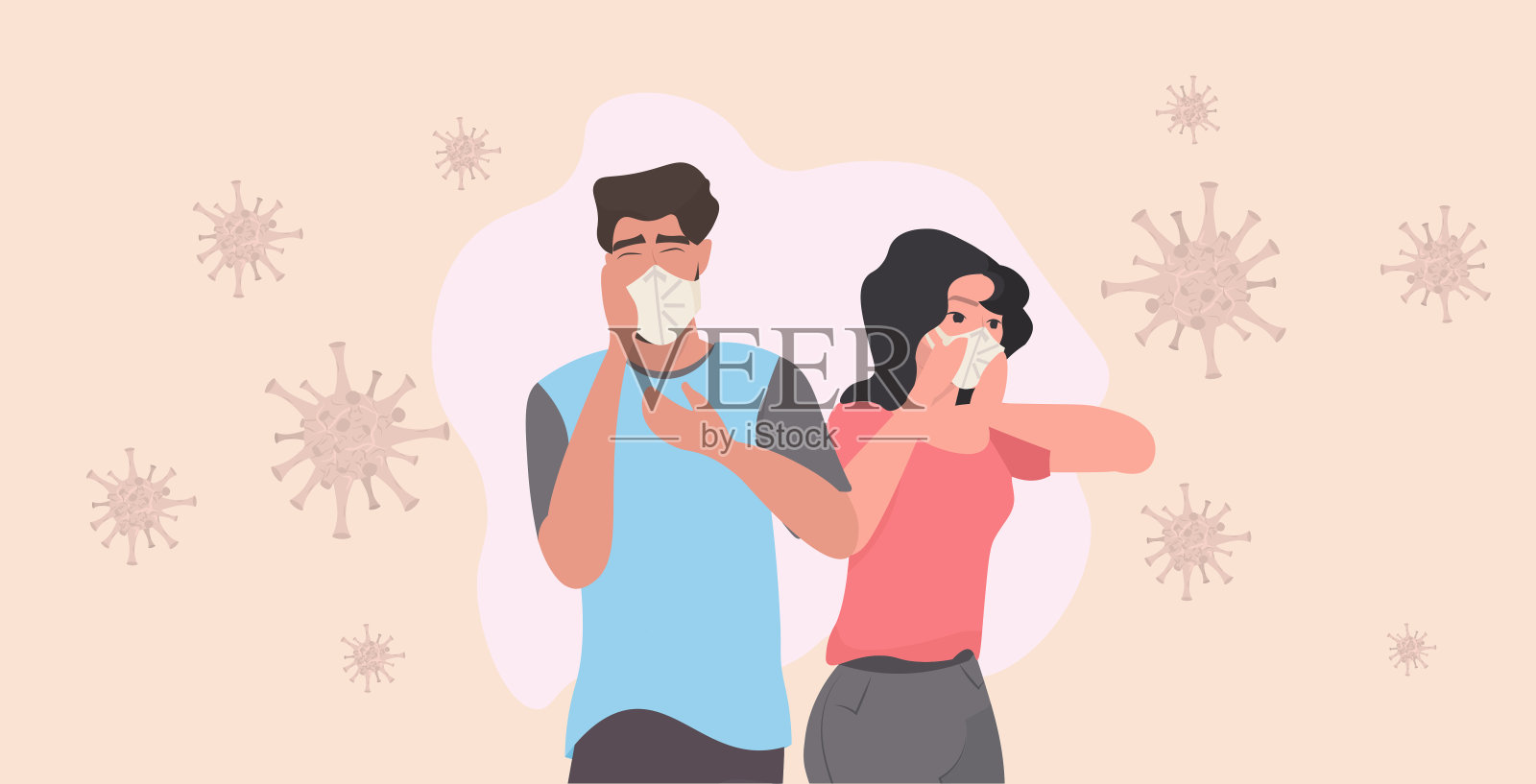 戴医用口罩的夫妇咳嗽有冠状病毒感染COVID-19大流行症状的男女插画图片素材