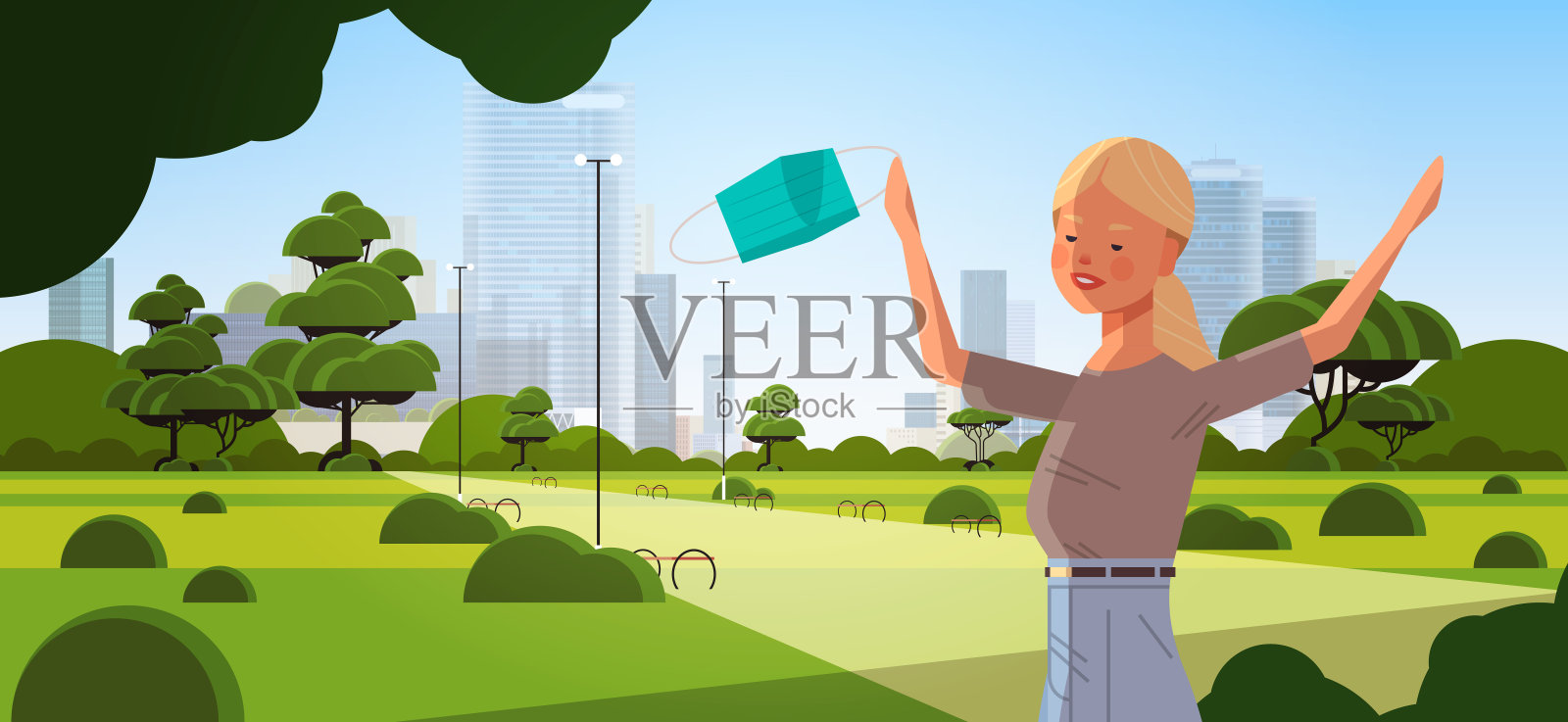 手持医用口罩的妇女战胜新冠肺炎，女孩庆祝战胜新冠肺炎插画图片素材