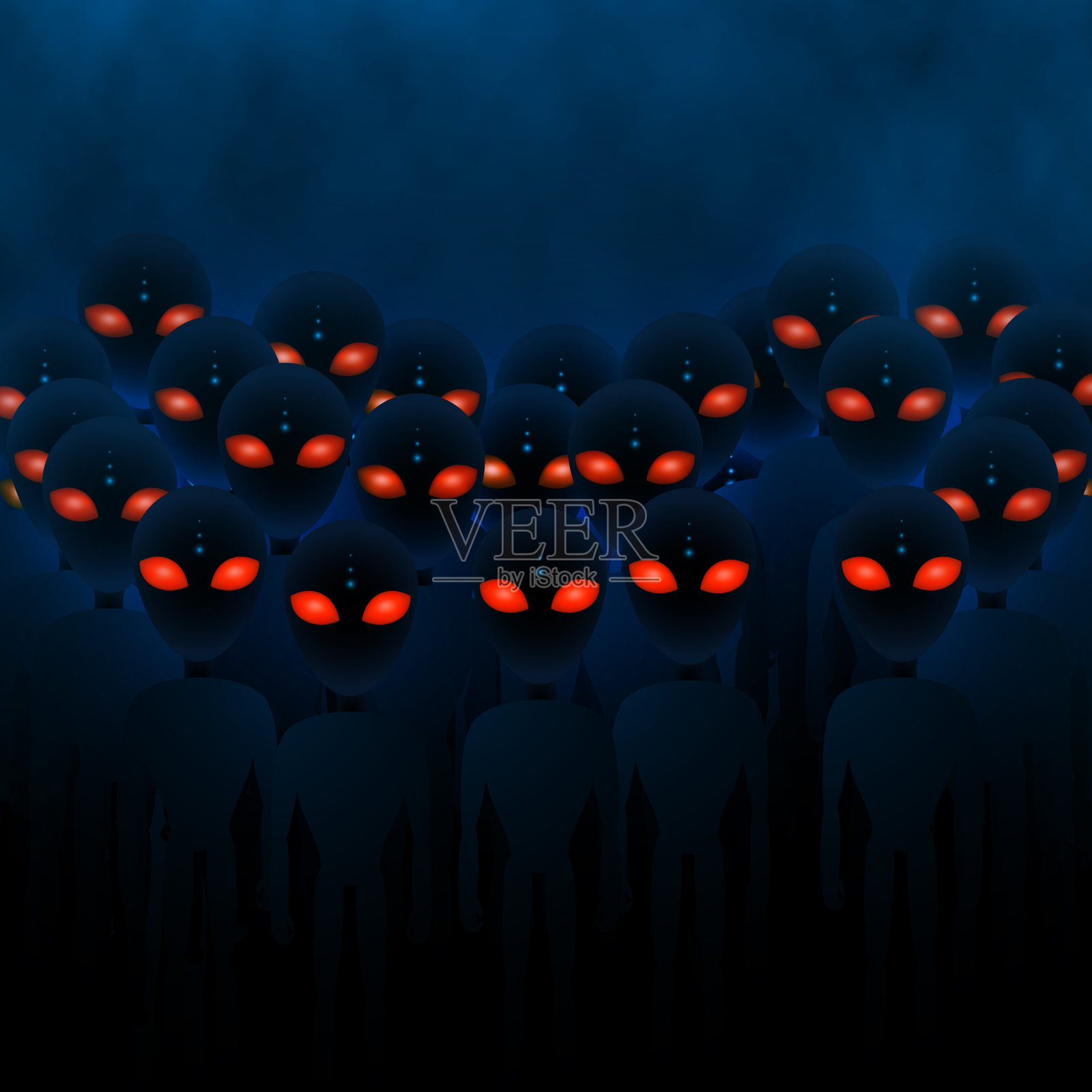 一群红眼睛的愤怒外星人。外星人入侵。科幻的概念。矢量图插画图片素材