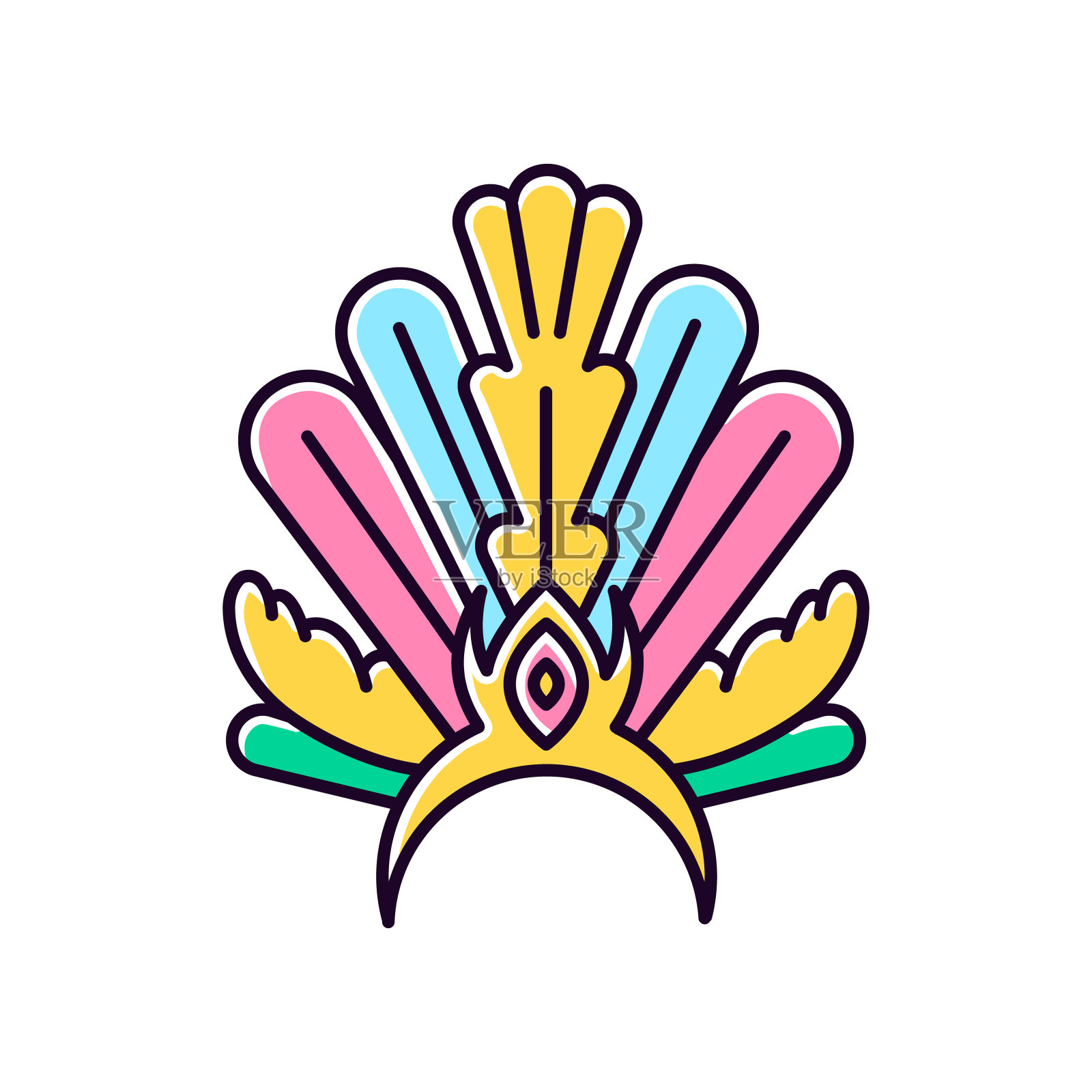 巴西狂欢节头饰黄色RGB颜色图标。用羽毛王冠。民族穿。传统节日。国定假日。化装游行。孤立的矢量图设计元素图片