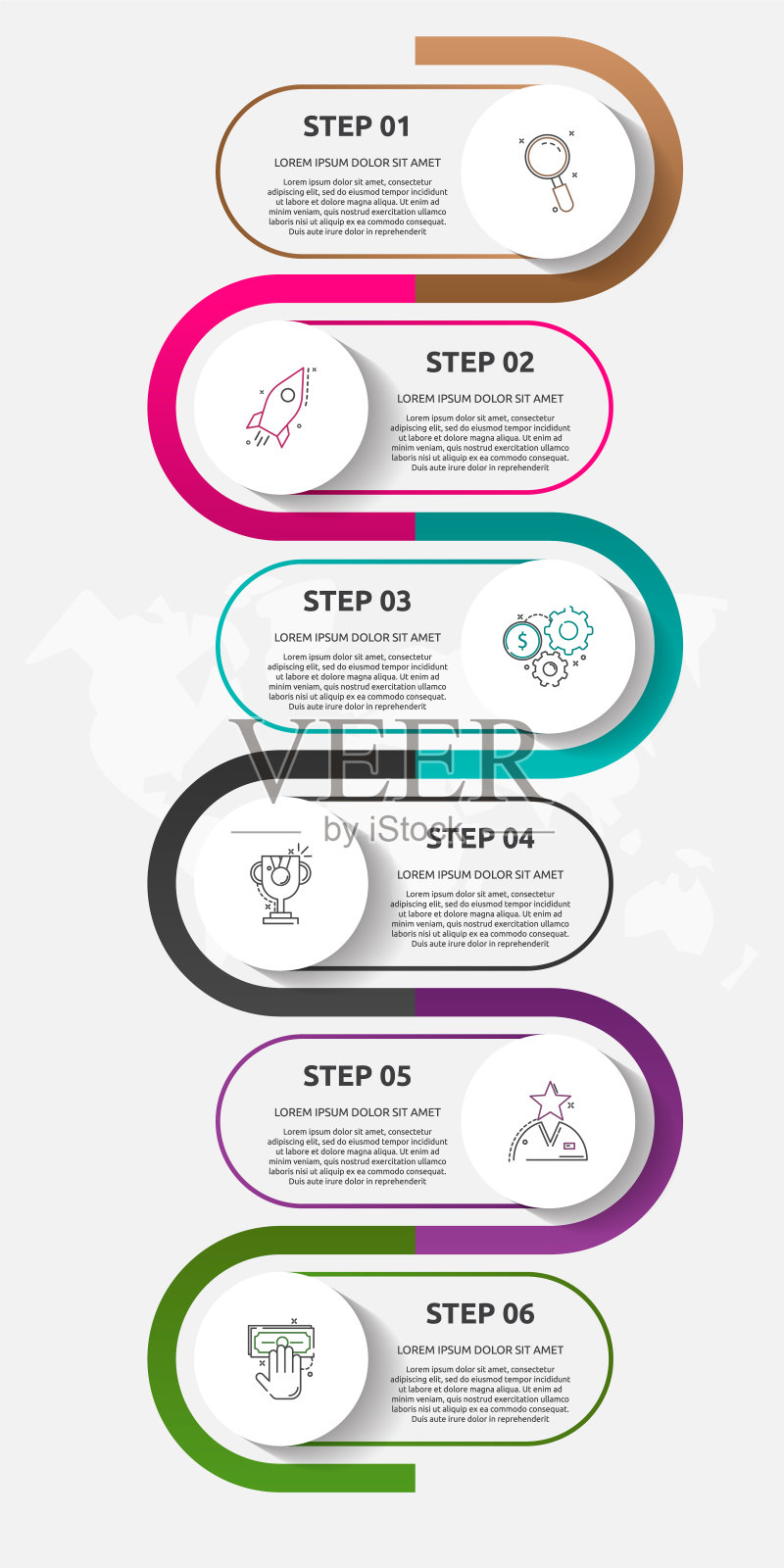矢量模板圆信息图。经营理念与6个选项和部分。六步内容，图表，图表，幻灯片。一步一步的路径设计模板素材