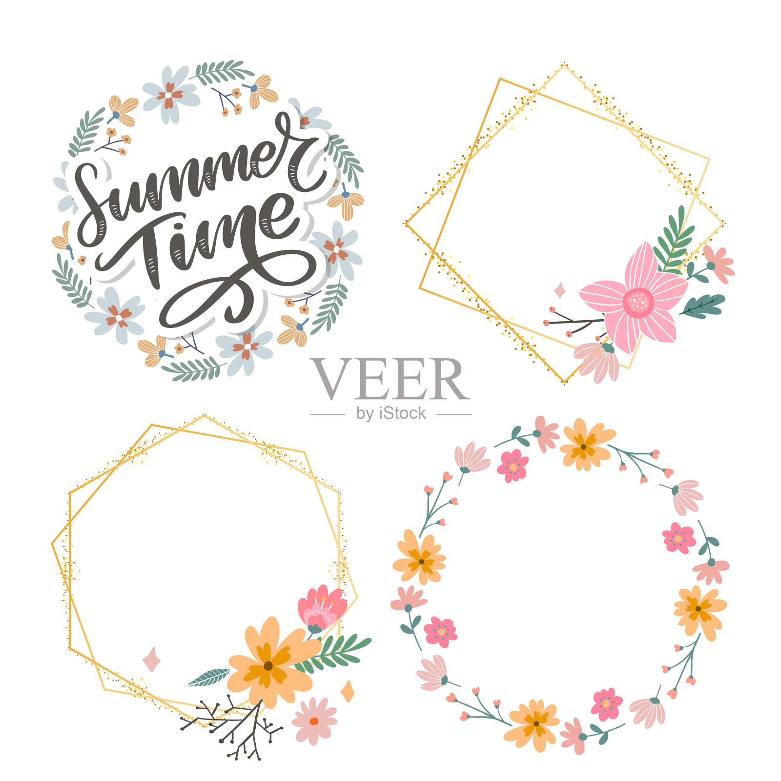 绿色的夏季时间信花在现代风格上丰富多彩的背景。问候邀请矢量插图。花花束装饰。装饰元素。插画图片素材