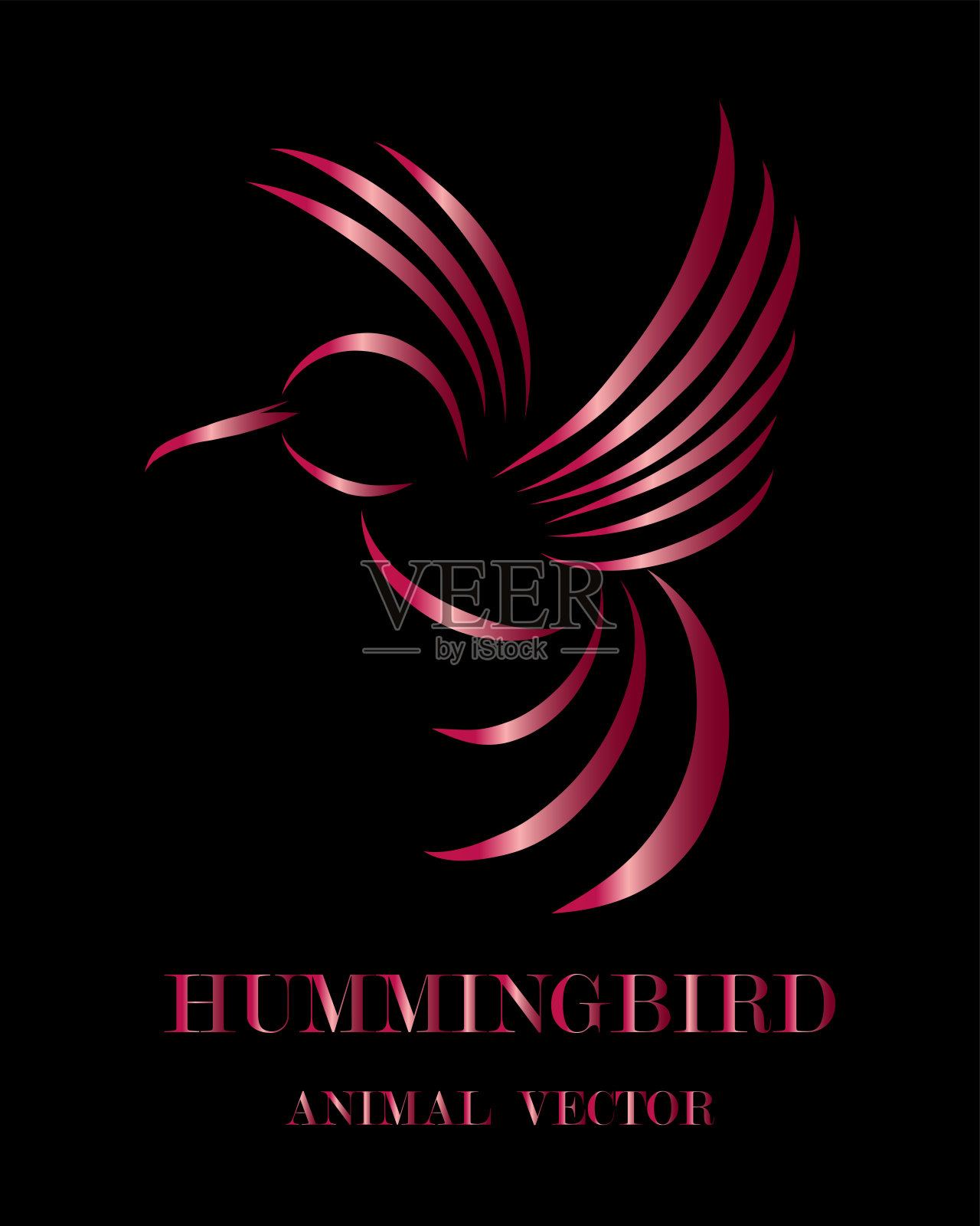 红宝石线艺术矢量插图在黑色的背景飞行蜂鸟。适合制作商标插画图片素材