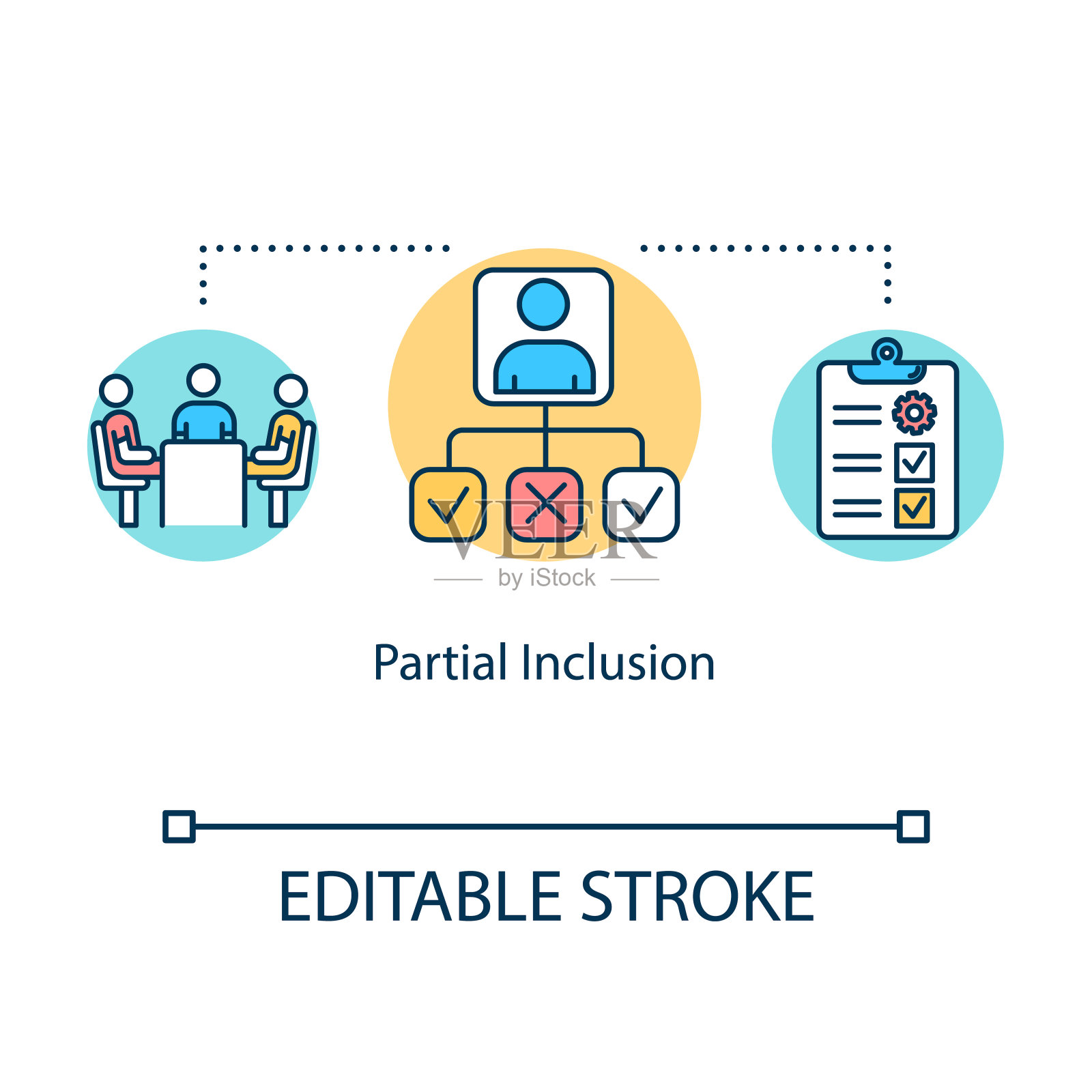 部分包含概念图标。团队合作教学。特殊的学习计划。全纳教育理念的细线例证。矢量隔离轮廓RGB彩色绘图。可编辑的中风插画图片素材