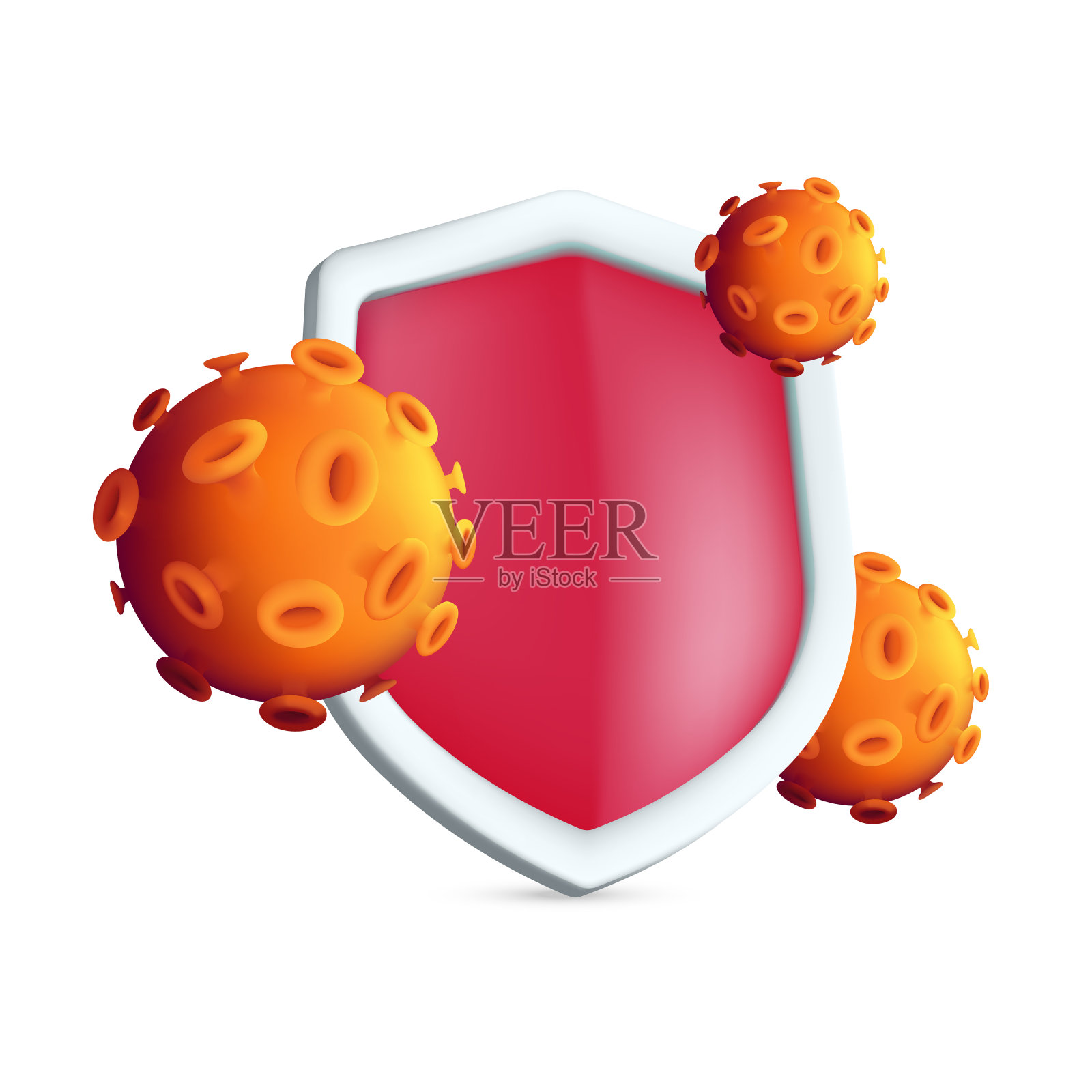 红色的抗菌护盾可以保护细菌和病毒细胞。在白色背景上隔离的保护性细菌和病毒防御设备的流行概念载体插图插画图片素材