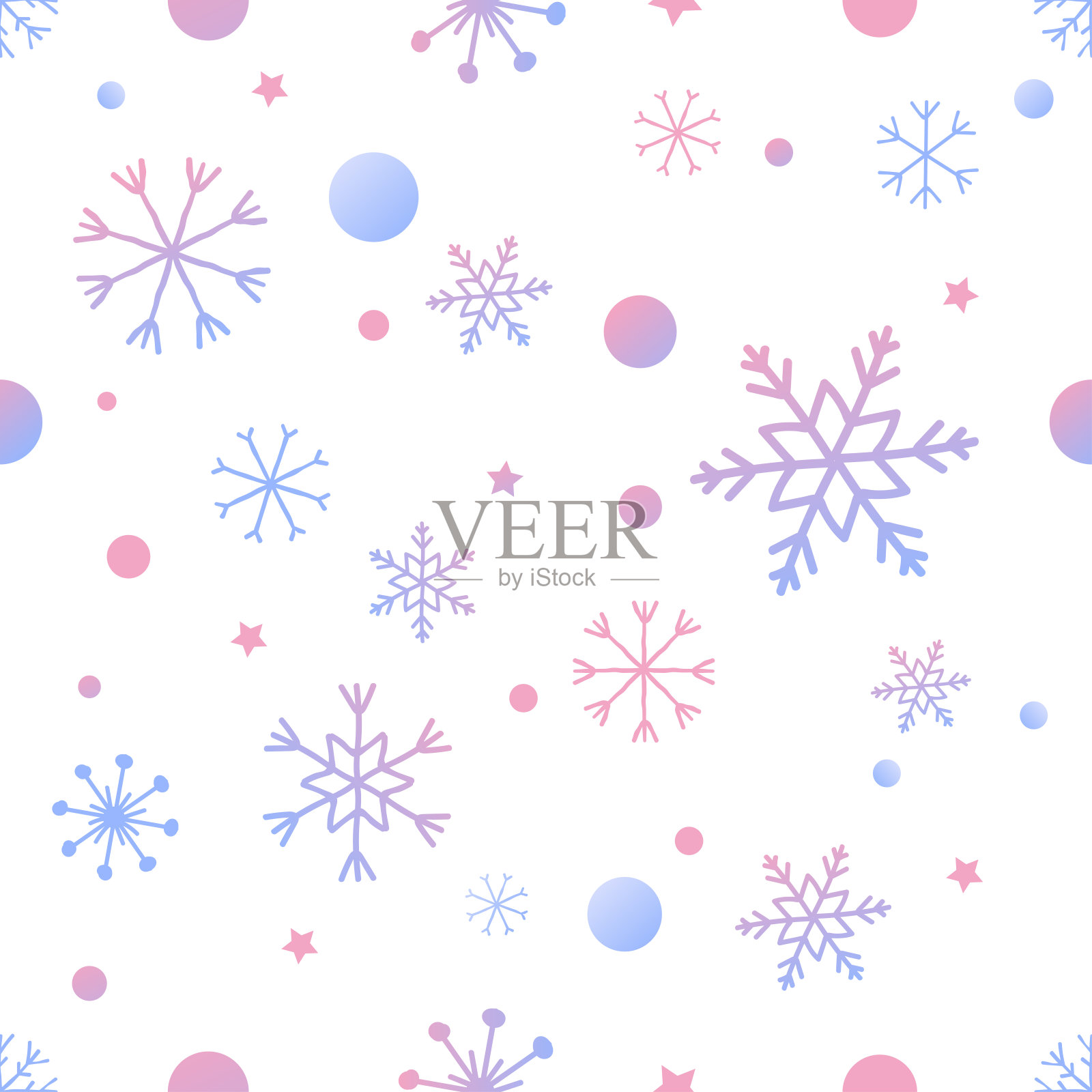 无缝圣诞图案与雪花彩色和星星在一个白色的背景。设计以圣诞节和新年为背景。插画图片素材