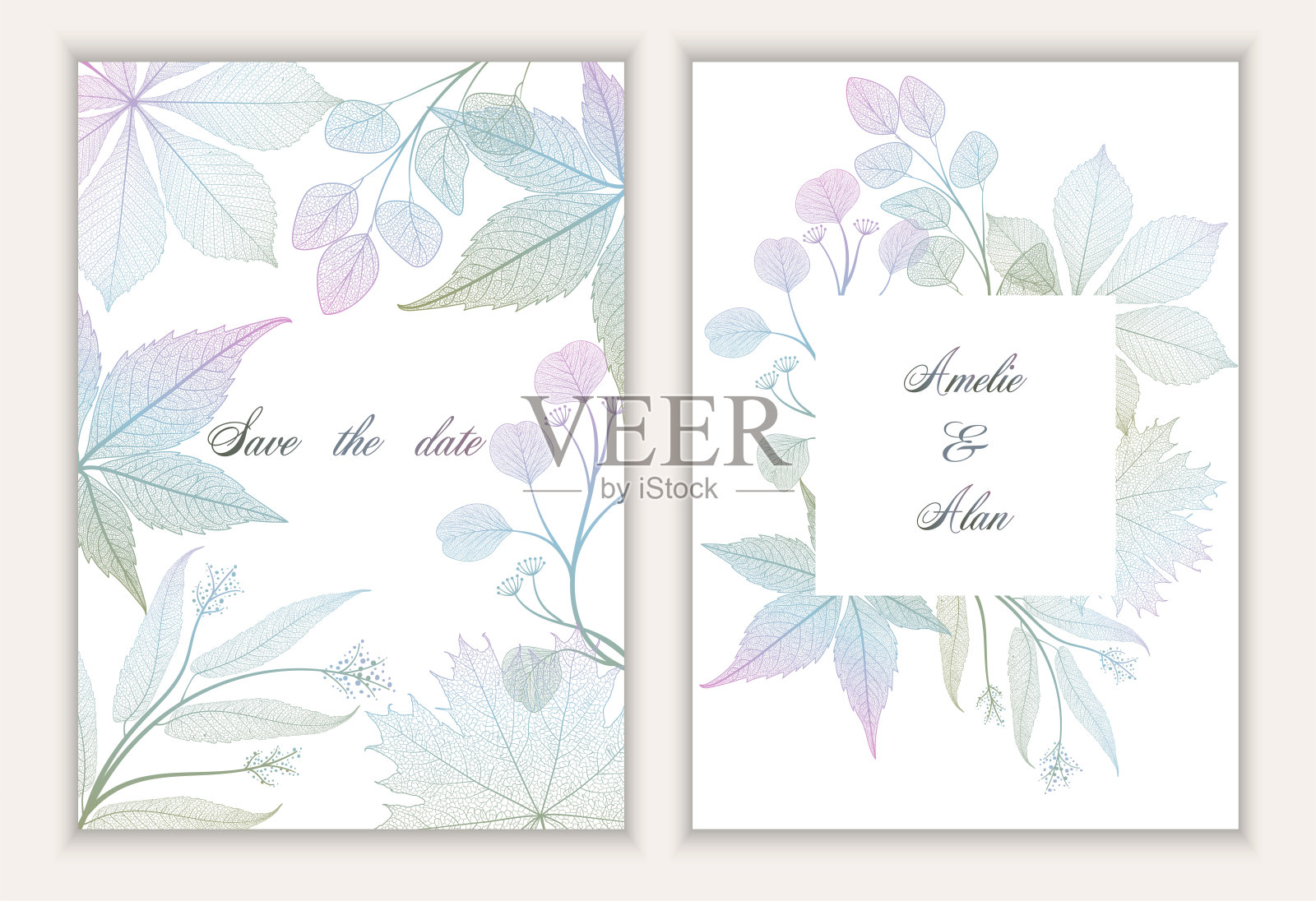 婚礼的邀请。背景与分支叶和文本空间。插画图片素材