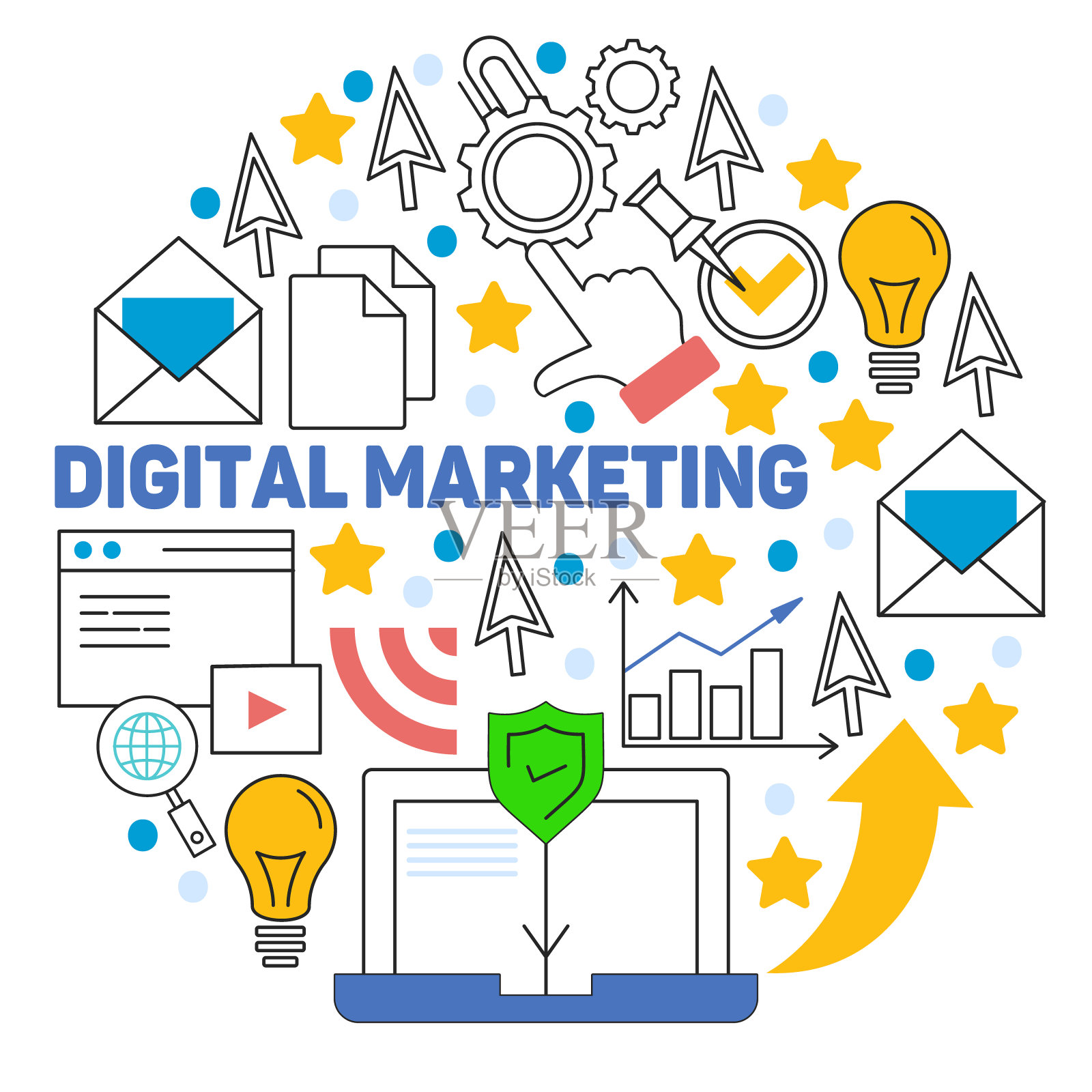 矢量图标的数字营销模式。管理，创业，商业，互联网技术。插画图片素材