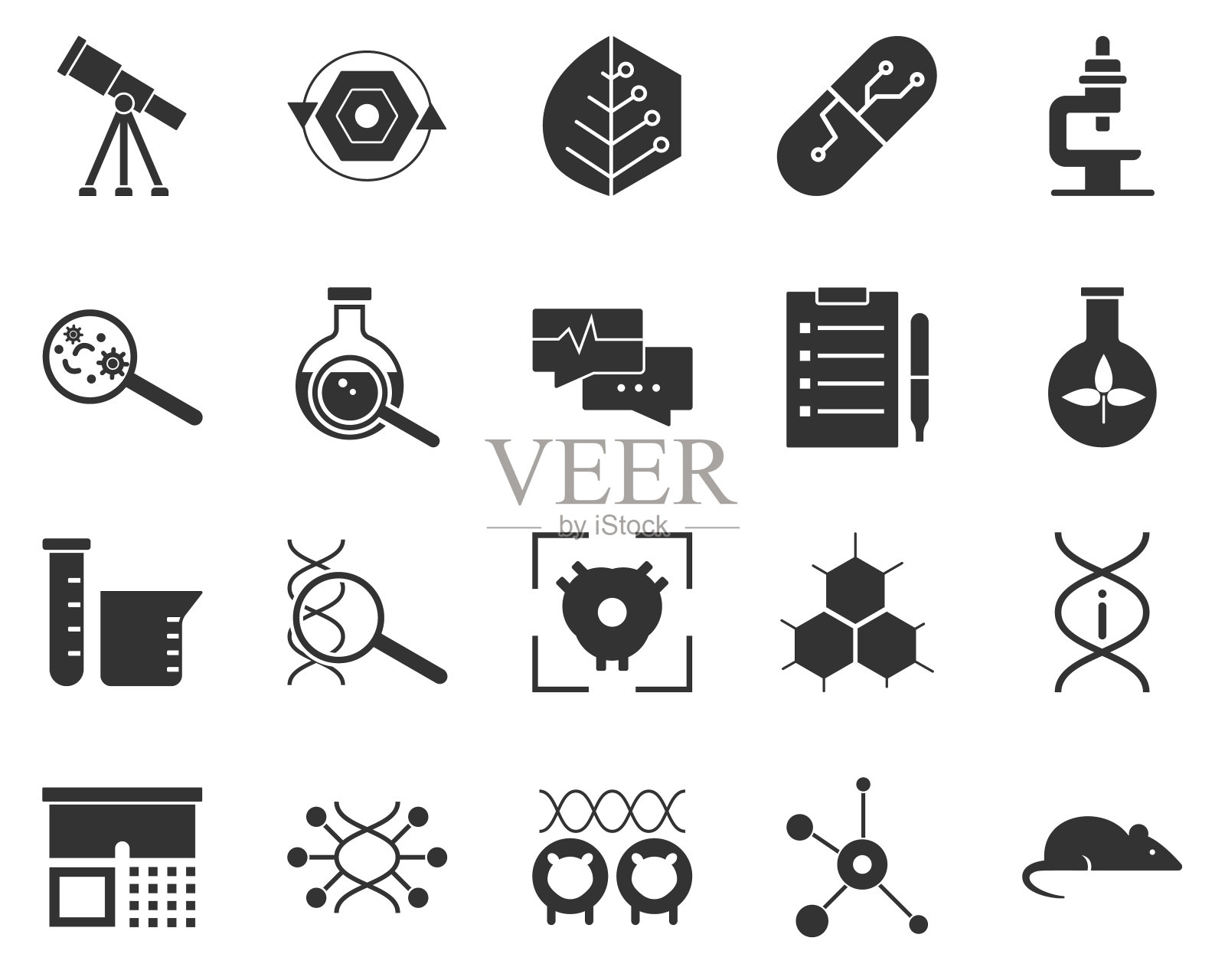 老鼠,实验室。生物工程字形图标集。健康生物技术，研究，材料制造。分子生物学、生物医学和分子工程图标素材