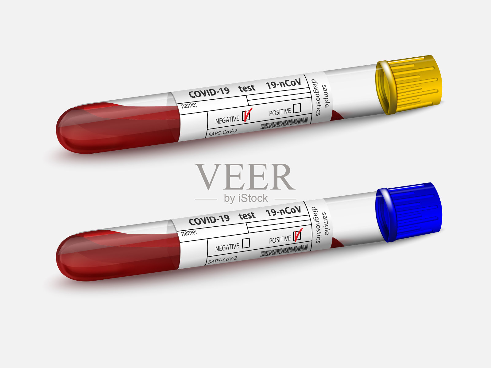 血液样本放在两个玻璃试管里。Covid-19测试。SARS-CoV-2阳性和阴性结果。孤立在白色的。冠状病毒分析。血液测试。矢量插图。插画图片素材