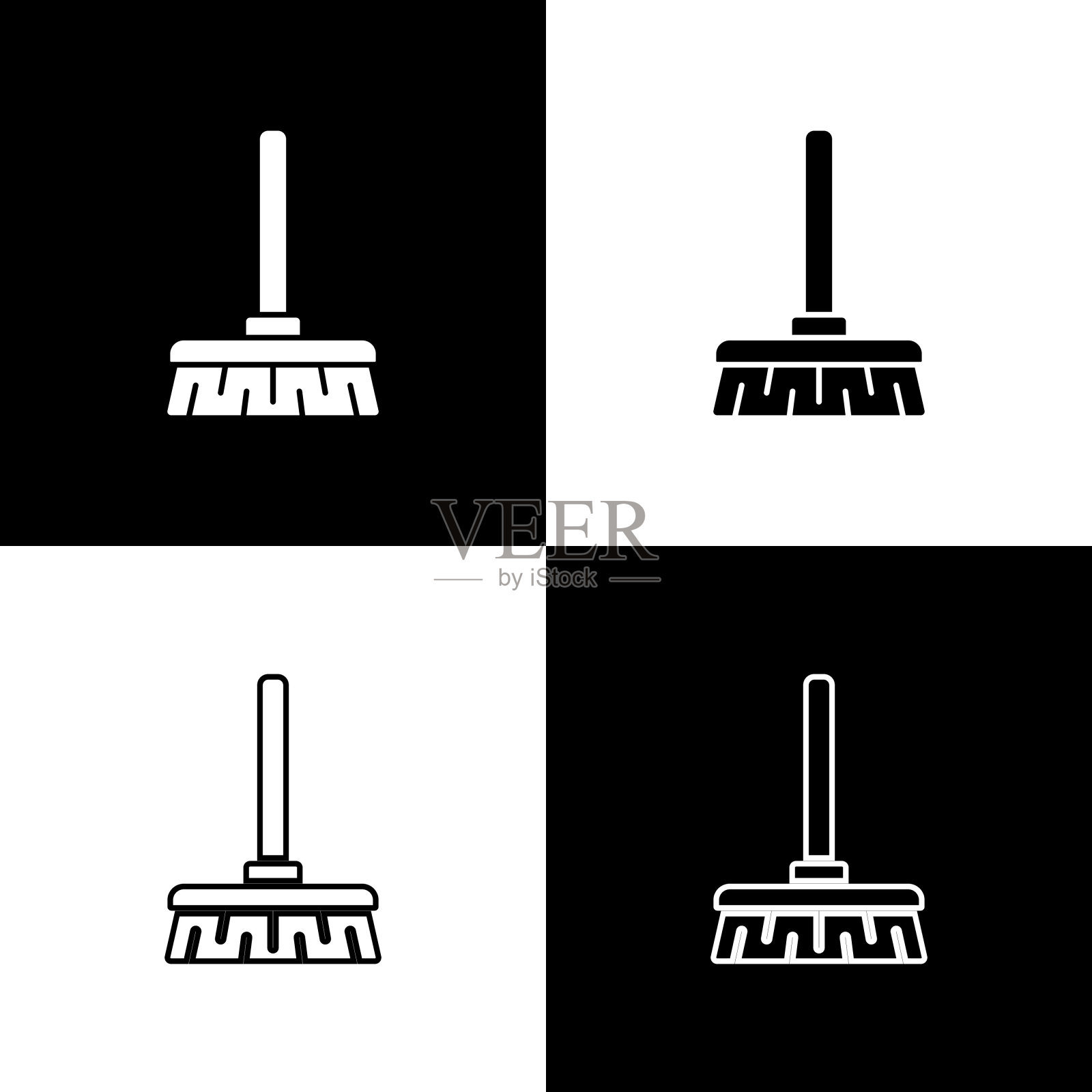 设置手柄扫帚图标隔离在黑色和白色背景。清洁服务理念。矢量图插画图片素材