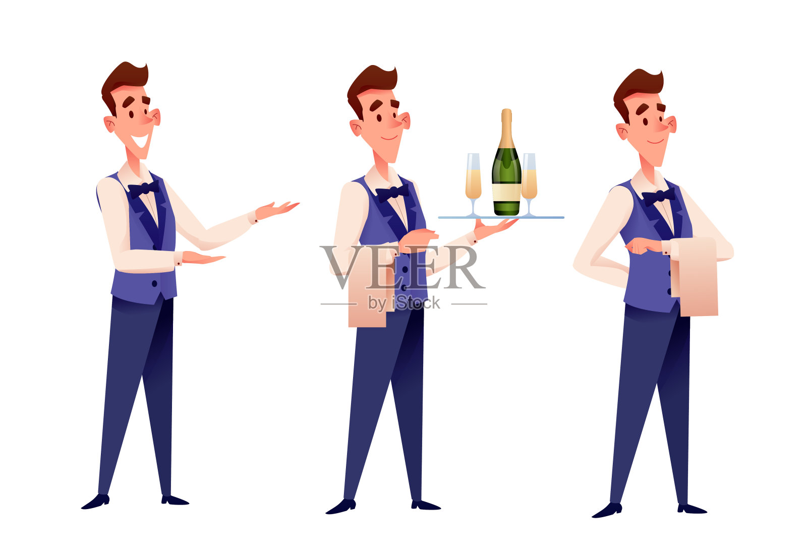 矢量卡通服务员在餐厅与香槟插画图片素材