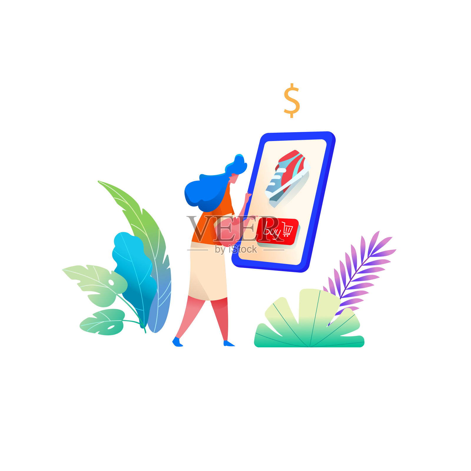 矢量女人通过电话在线购物插画图片素材