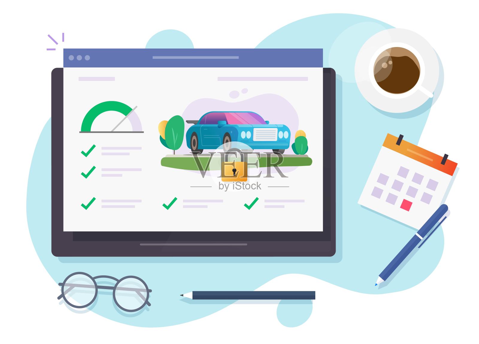汽车监控安全锁app在线系统在电脑设备或数字平板上连接到智能汽车，无线遥控安全移动报警矢量平，车辆距离分析插画图片素材