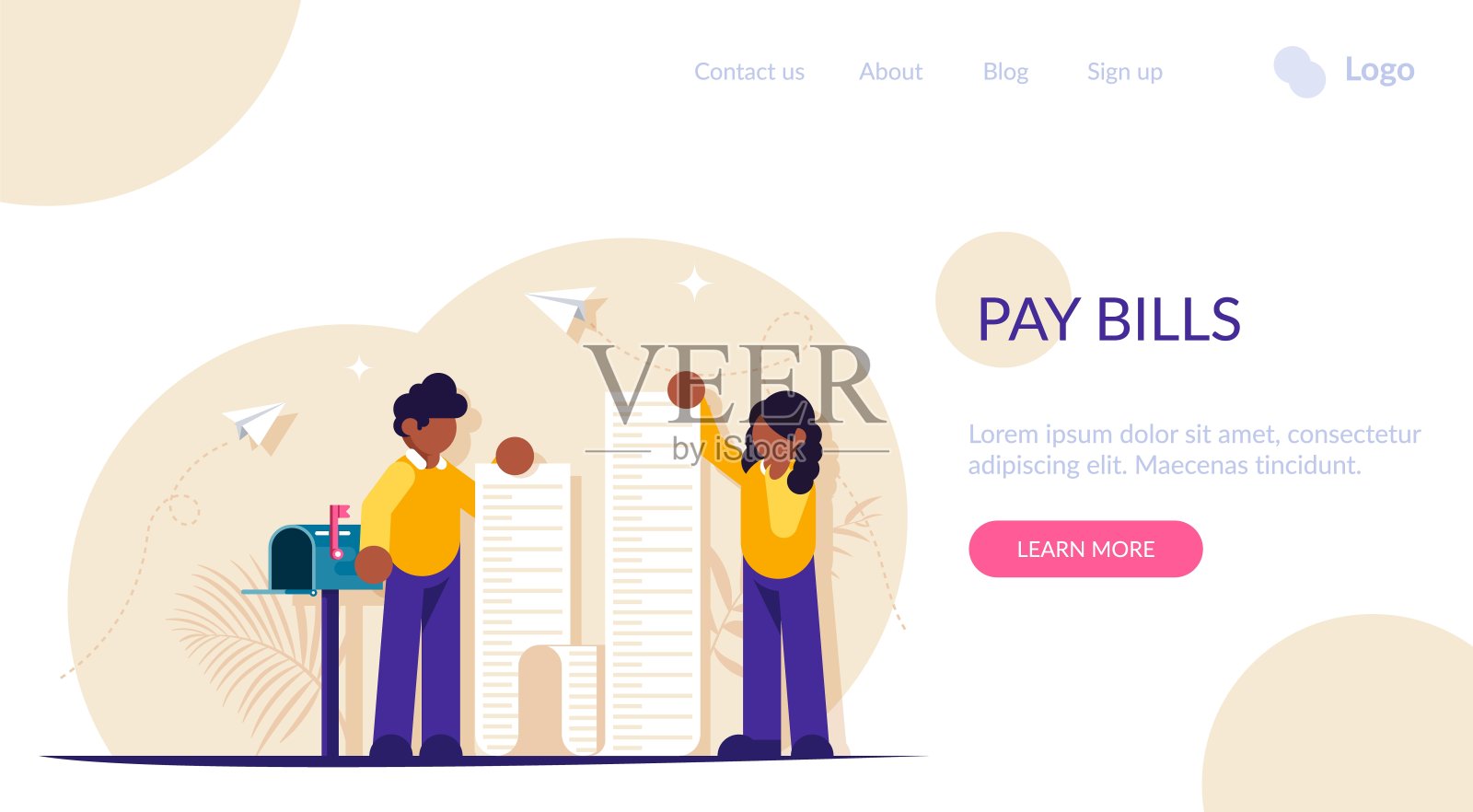 一个拿着长长的付款支票的男人站在邮箱附近。现代平面矢量插图插画图片素材