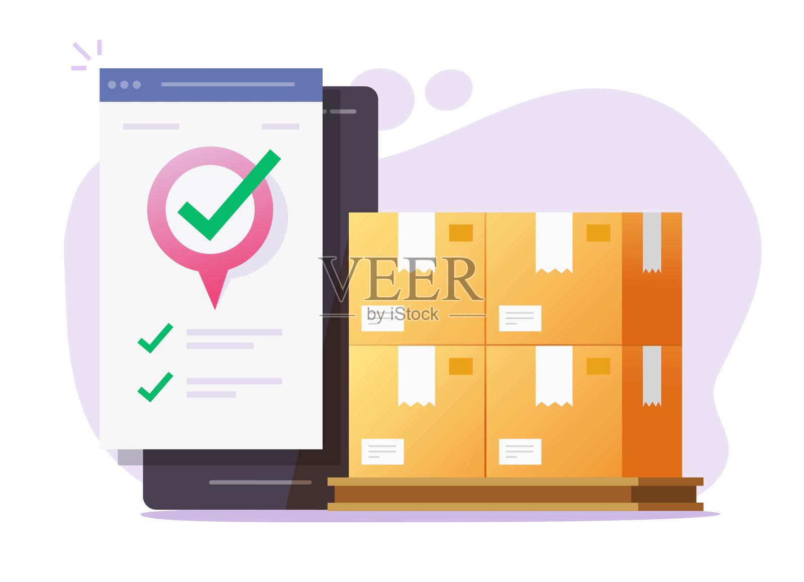 物流货物移动快递矢量和货运运输在线服务上的智能手机或手机地图引脚指针，为航运仓库邮件包裹跟踪目的地平插画图片素材