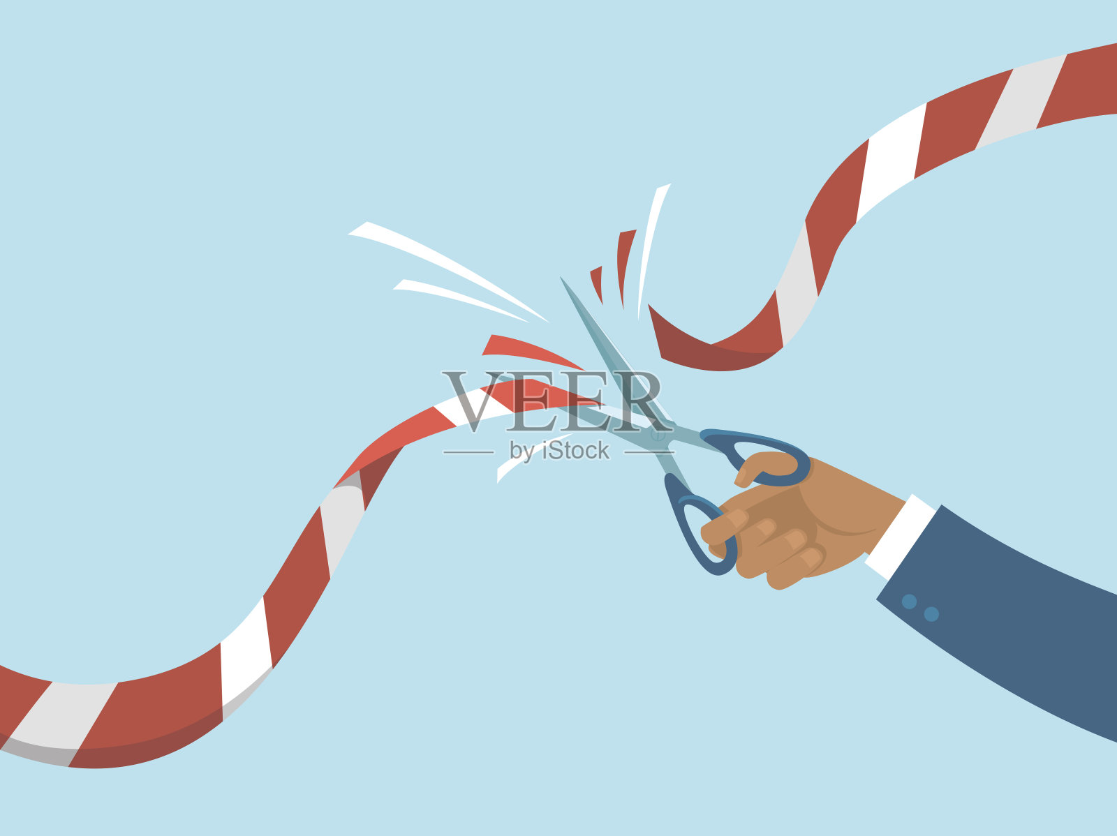 人用剪刀剪红色路障胶带。2019冠状病毒病隔离概念终结。插画图片素材