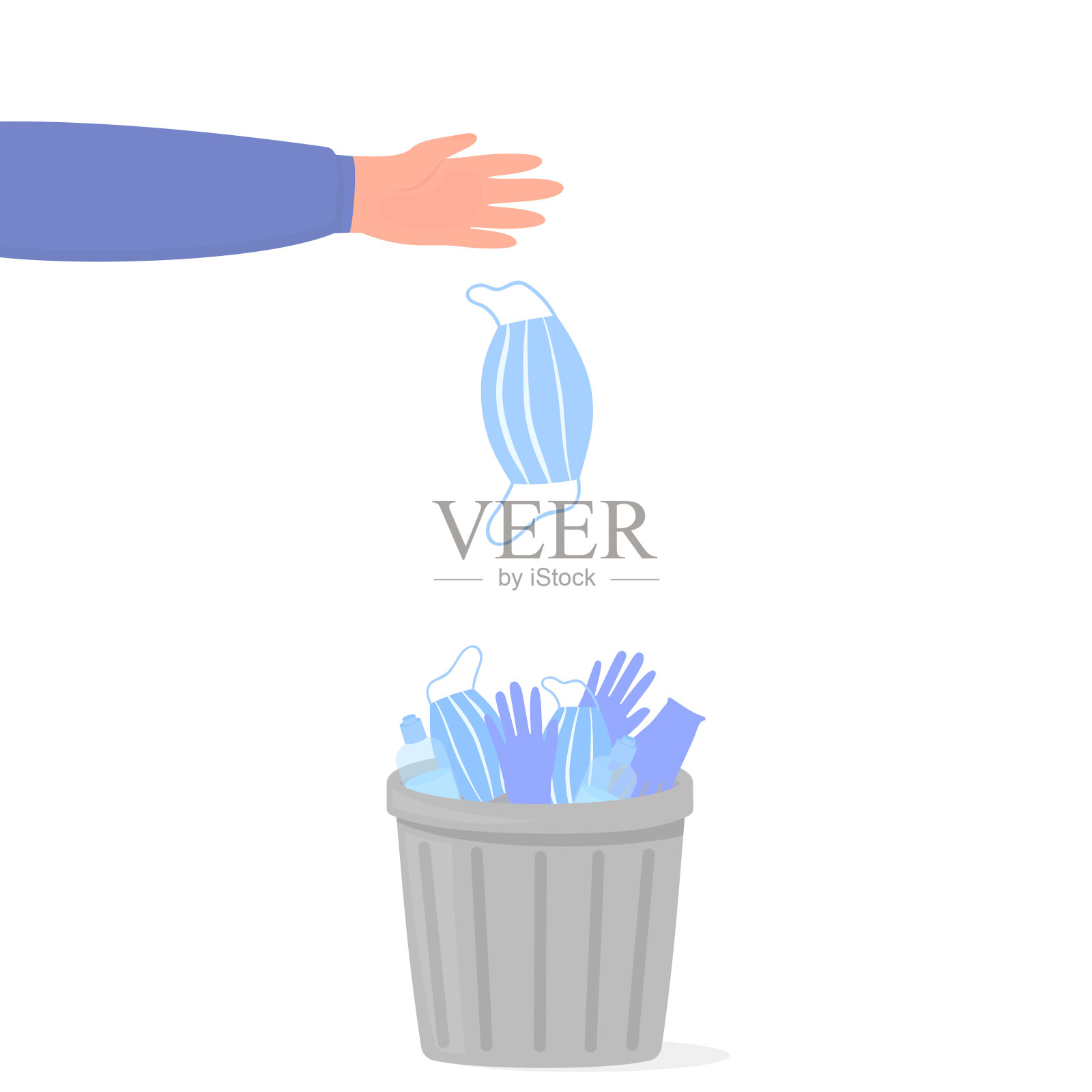 冠状病毒隔离已经结束。大流行结束。covid - 2019。一只手将医用外科口罩与用过的外科手套和消毒剂一起扔进垃圾桶插画图片素材