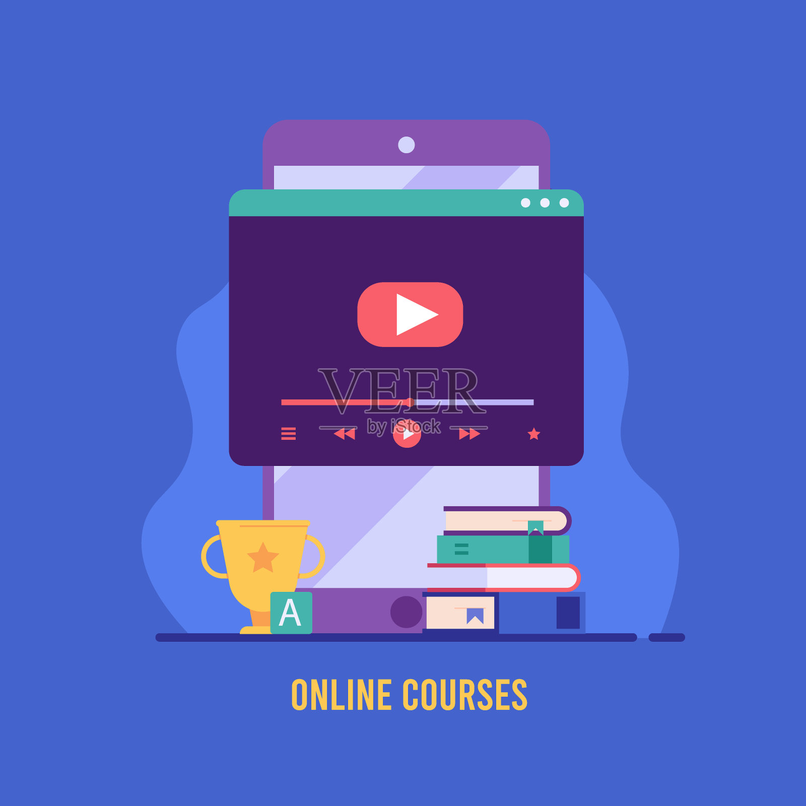 用手机学习网络课程。在线课程和网络研讨会。成功学习理念，在线课程，现代教育。矢量插图在平面设计的移动应用程序插画图片素材