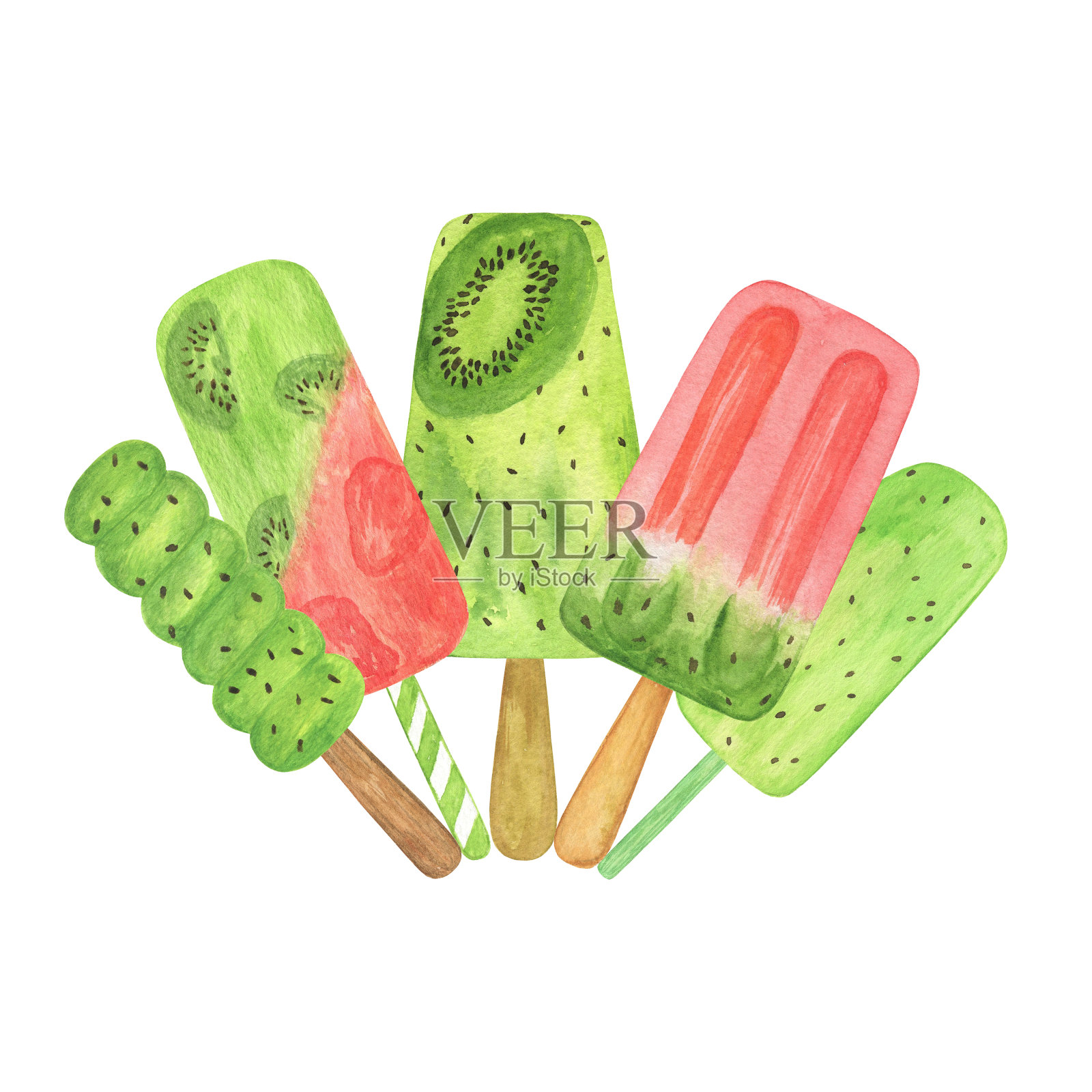 甜的猕猴桃冰淇淋水果冰棒多汁的甜点组成水彩插图，简单美味的甜点为夏季清爽菜单设计，手绘图案美味的款待插画图片素材
