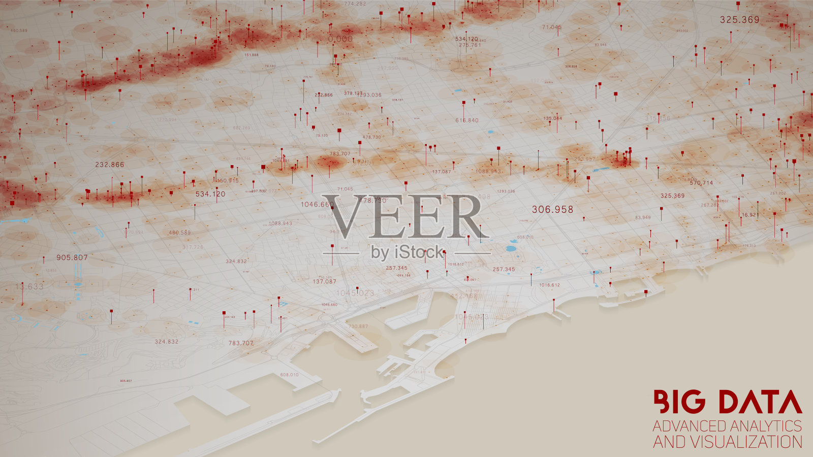3D大数据在现代城市。摘要社会信息分类可视化。人际关系或城市金融结构分析。复杂的地理空间数据。视觉信息的复杂性。插画图片素材