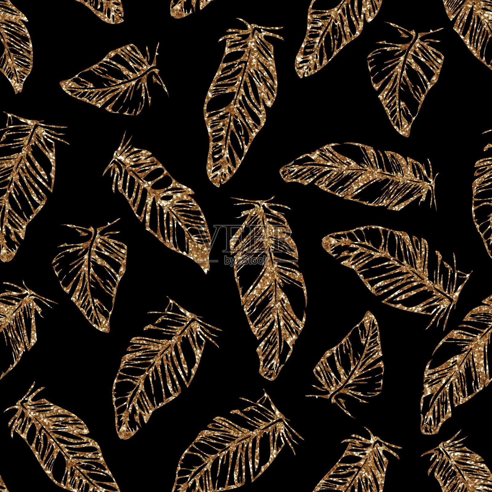 闪耀向量无缝模式与金色闪光羽毛在黑色的背景插画图片素材