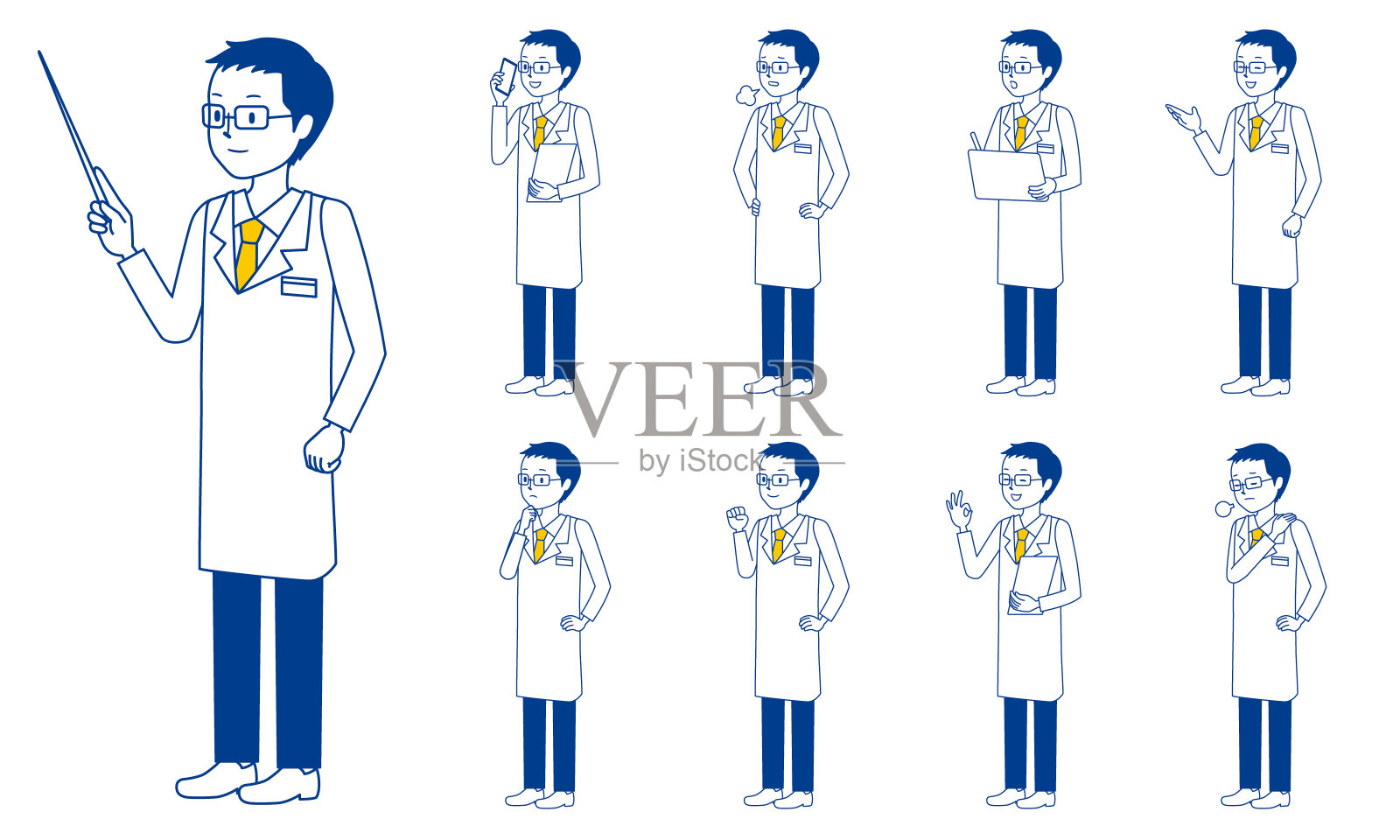 医护人员(医生)字符集在9位姿态孤立矢量插图插画图片素材