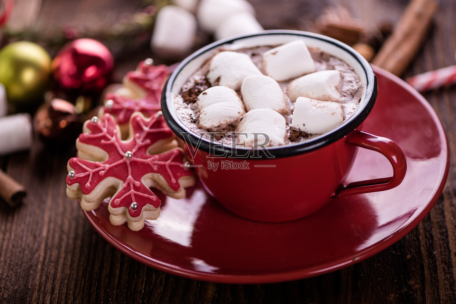 热巧克力，棉花糖圣诞背景照片摄影图片