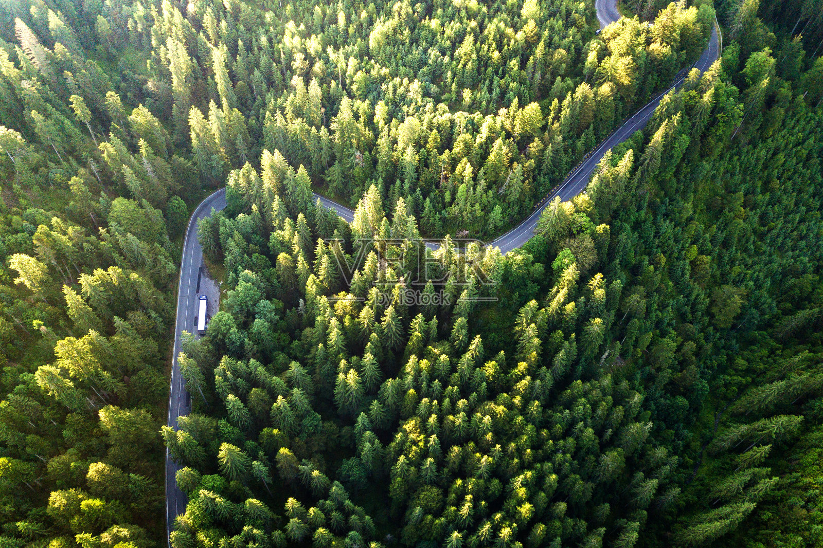 鸟瞰图蜿蜒的道路在高山口槽茂密的绿色松林。照片摄影图片