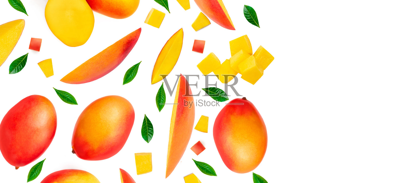 芒果孤立在白色的背景。一堆新鲜的热带芒果俯视图插画图片素材