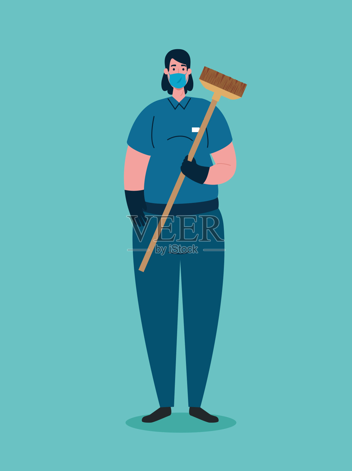 在covid - 19大流行期间，女性清洁工使用医用口罩插画图片素材