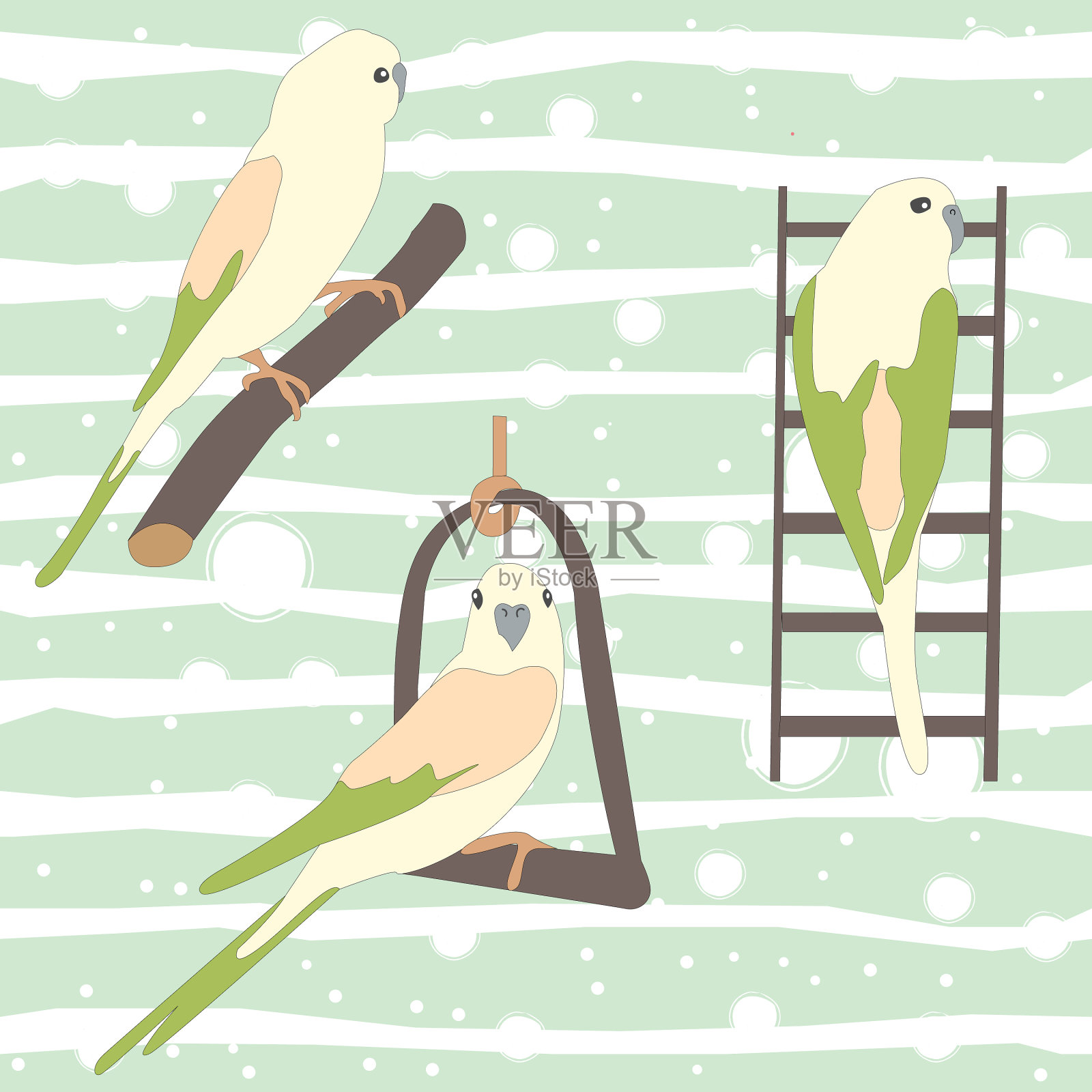 放三只可爱的鹦鹉坐在树枝上插画图片素材