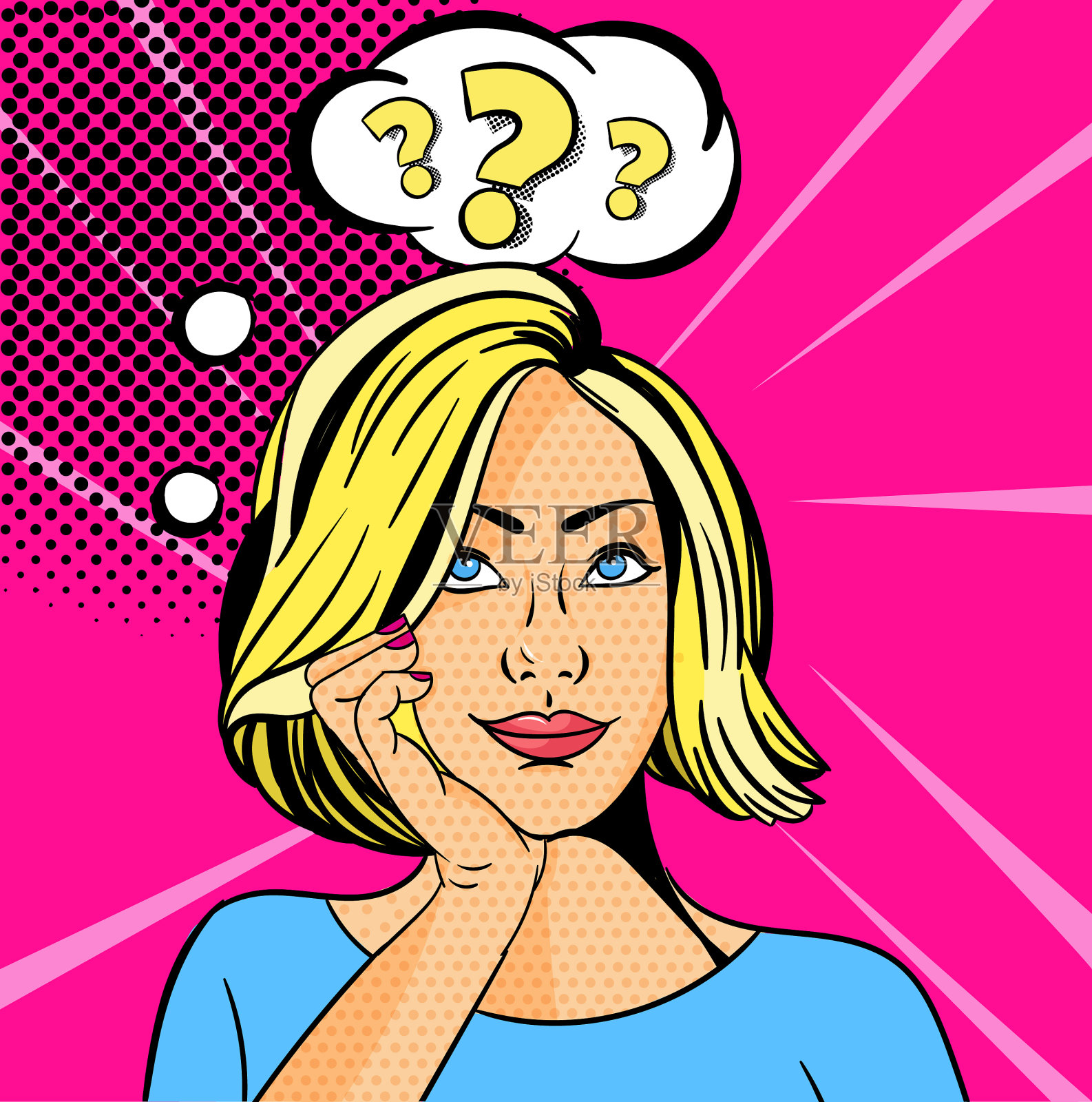 带着问号的年轻女孩或女人流行艺术插画图片素材