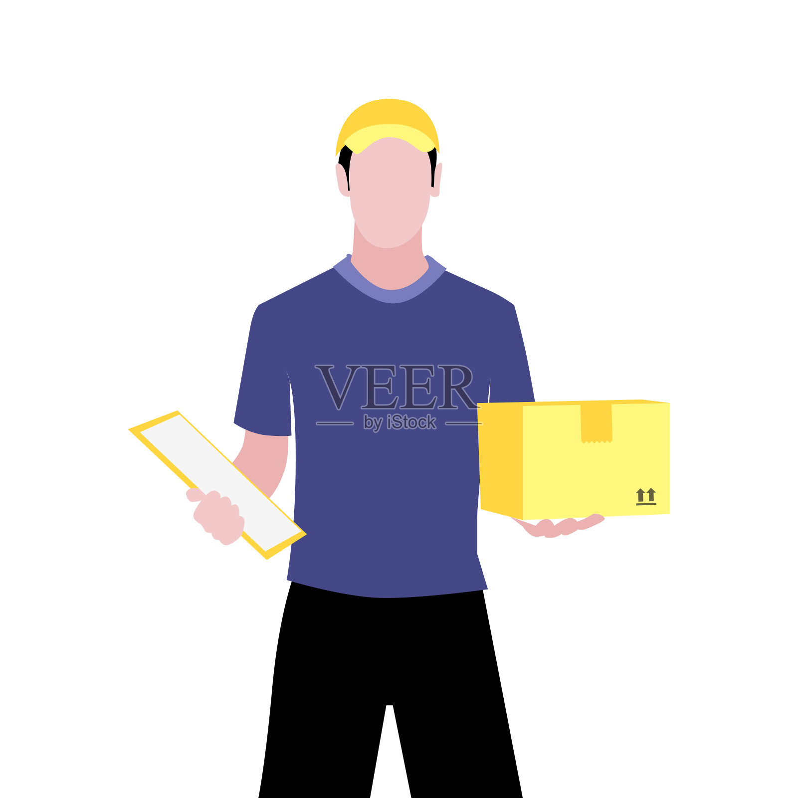 矢量插图的白人与文件是递送包裹或盒子。通过快递理念，安全的非接触送货上门。插画图片素材