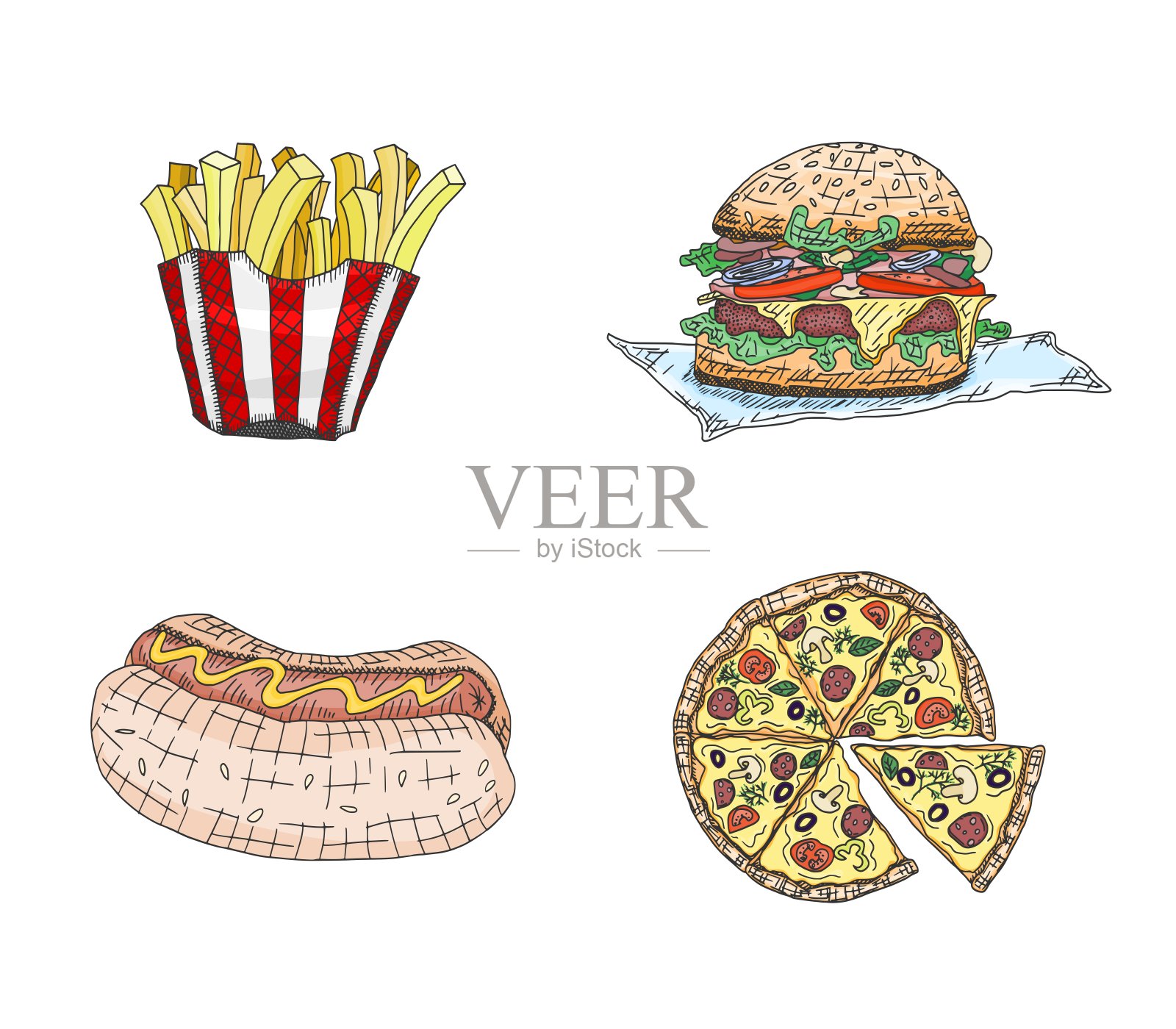 快餐产品比萨热狗三明治。草图插画图片素材
