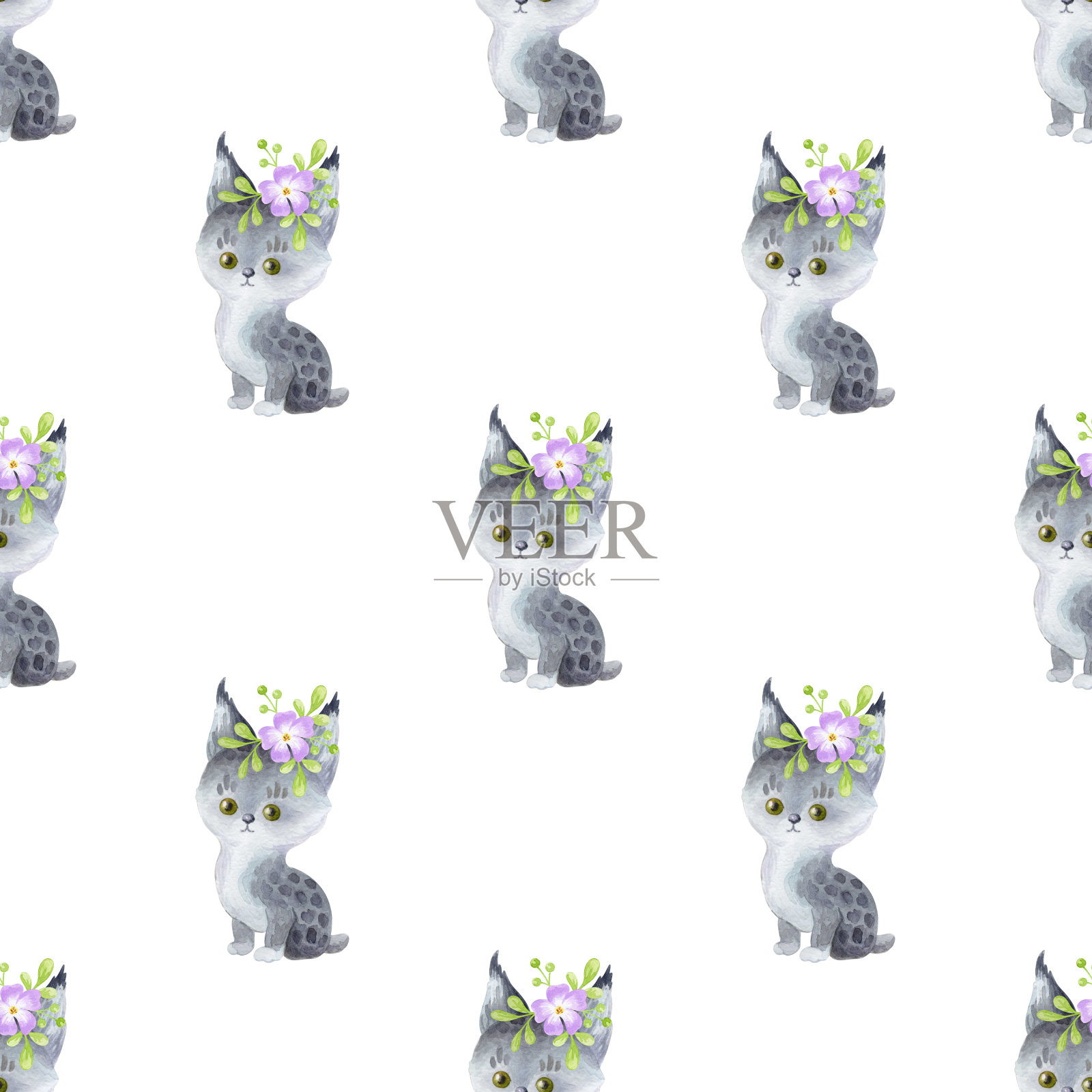 无缝图案与可爱的动物在一个白色的背景。手绘水彩插图。插画图片素材