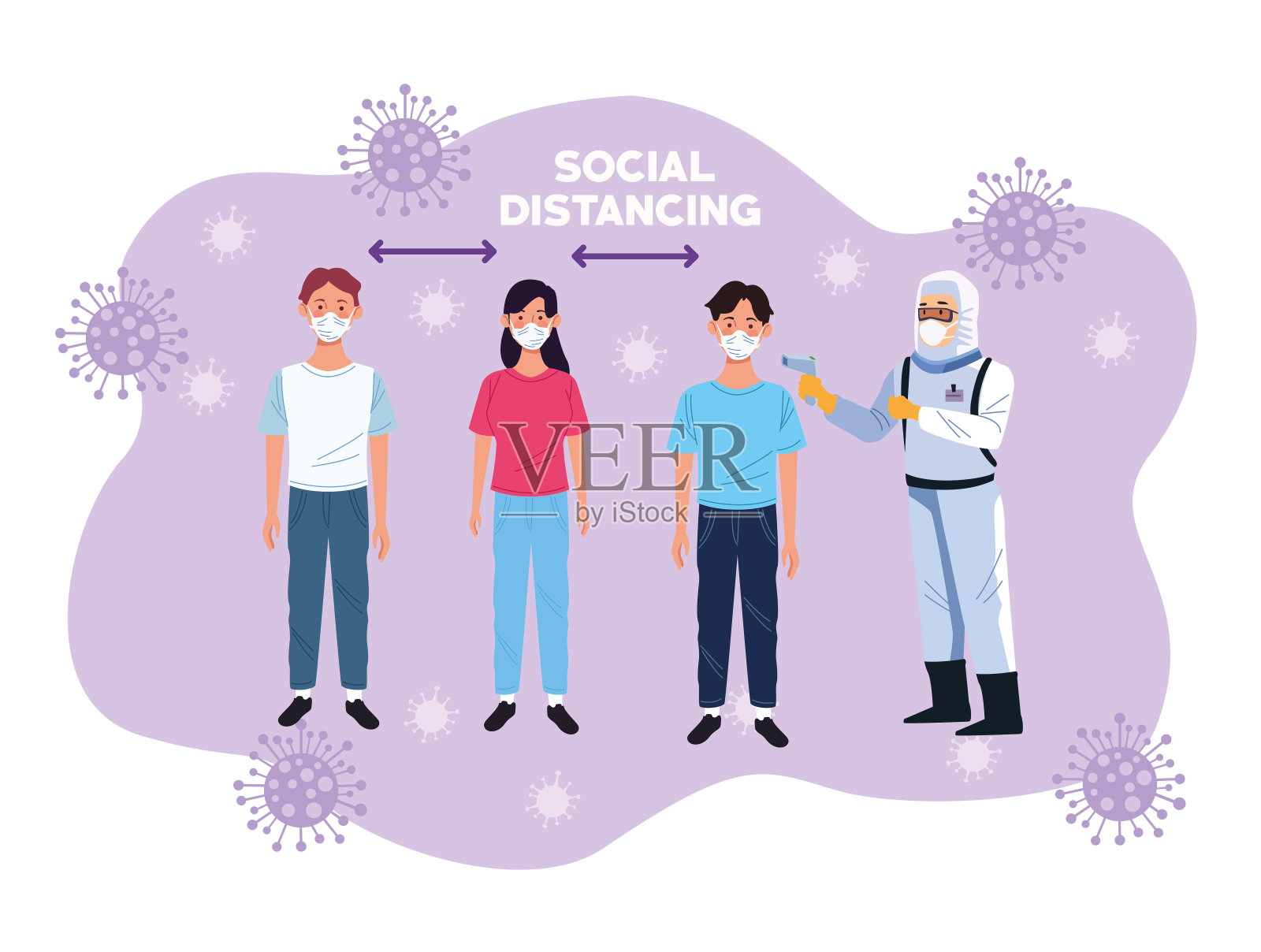 医生检查体温和社交距离设计元素图片
