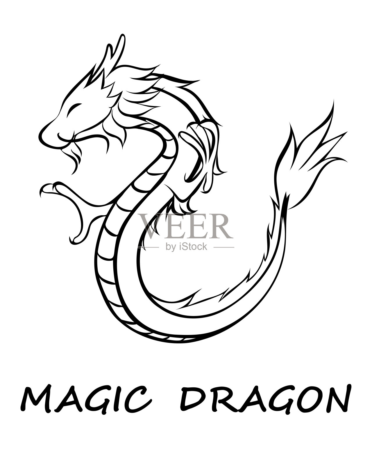 矢量插图的中国龙，黑色条纹上的白色背景。它是财富的象征。和伟大。设计元素图片