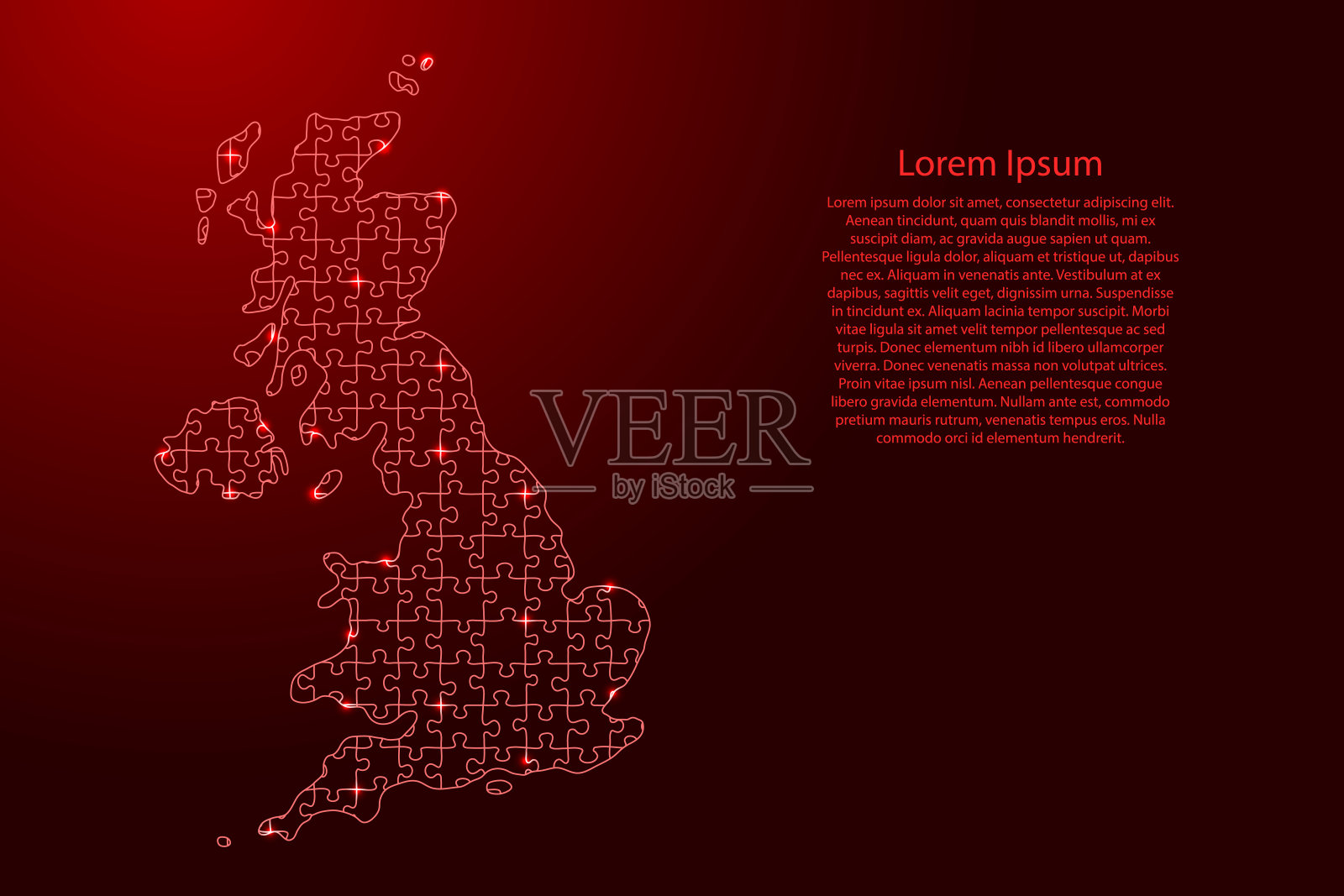英国地图由红色图案组成的谜题和发光的太空恒星。矢量插图。插画图片素材