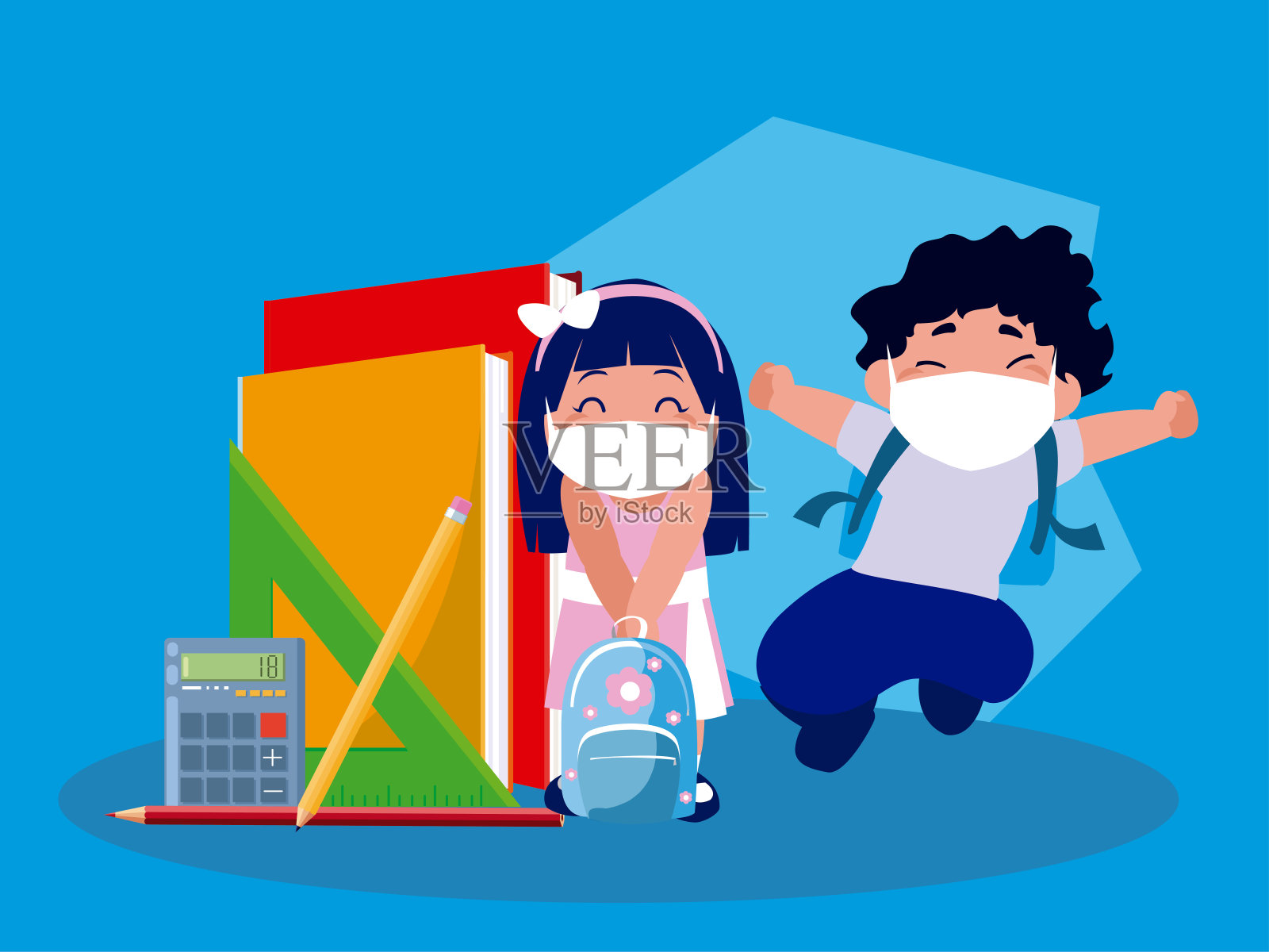 女孩和男孩面具，教科书，计算器，尺子和铅笔矢量设计插画图片素材
