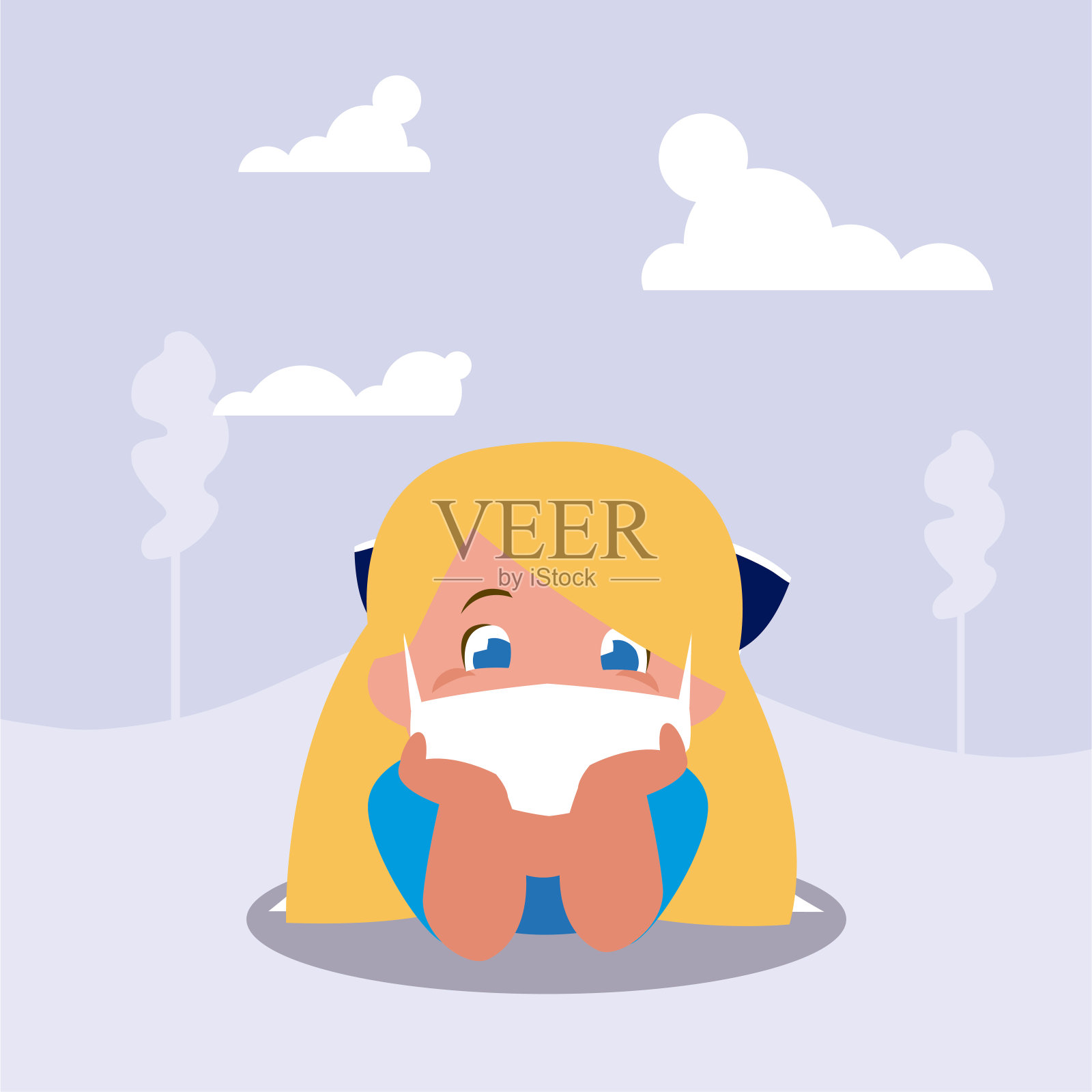 女孩儿童卡通与面具在公园矢量设计插画图片素材